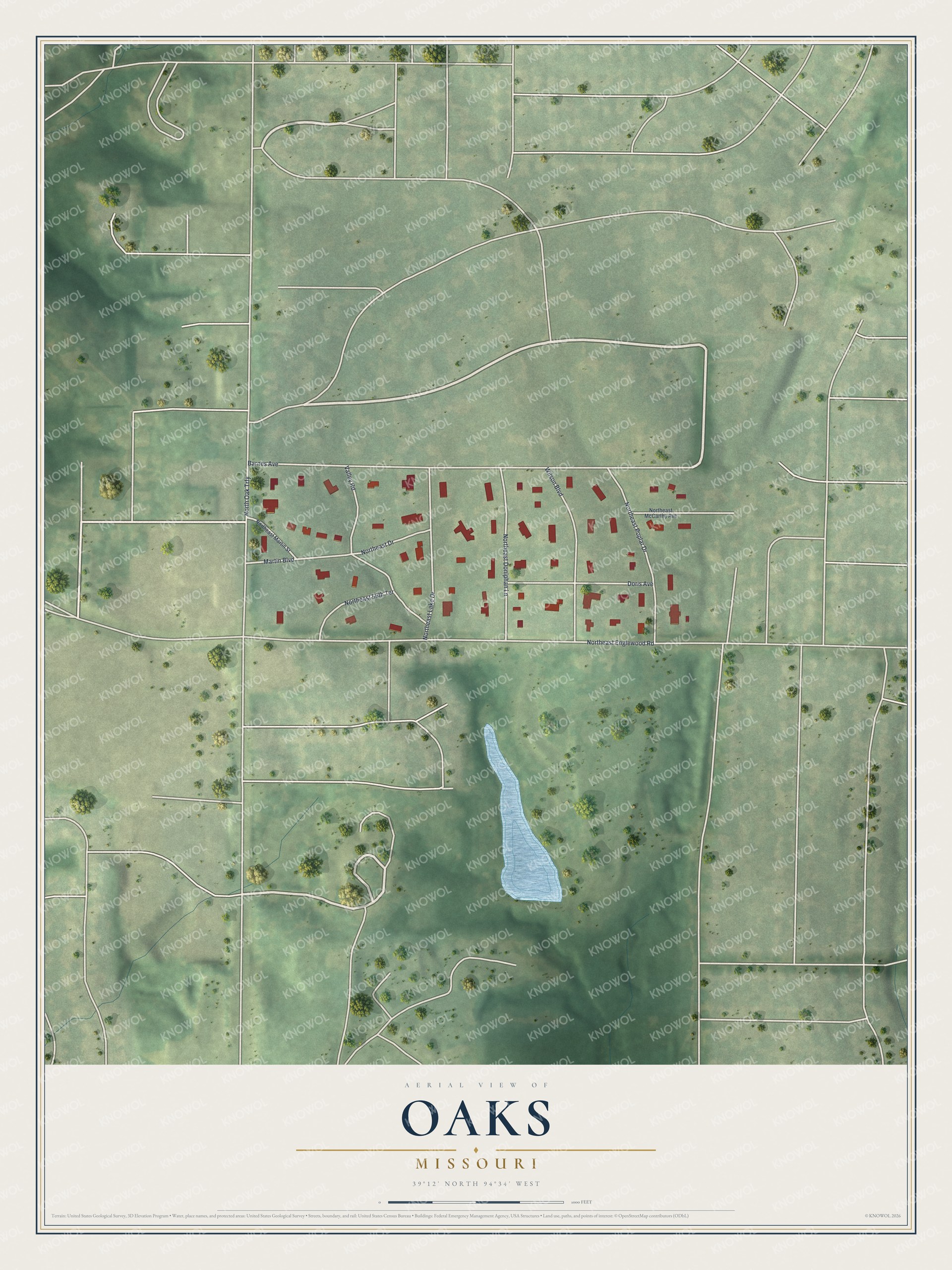Watermarked full-map preview of Oaks, Missouri