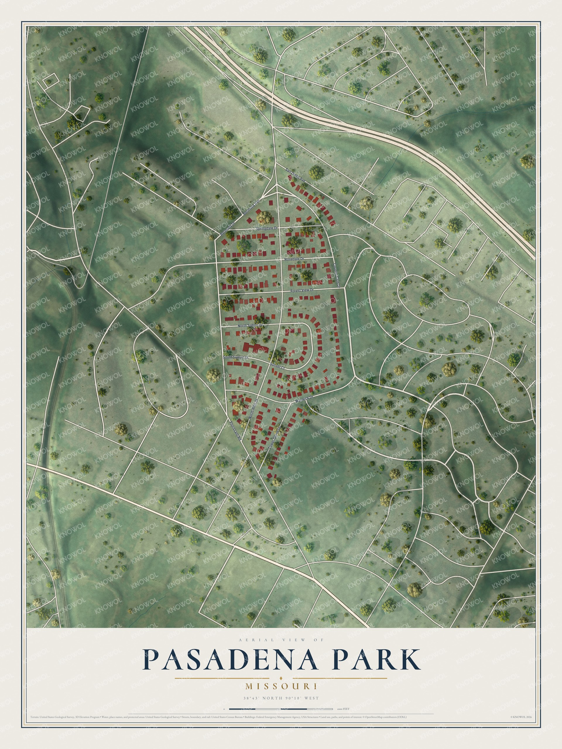 Watermarked full-map preview of Pasadena Park, Missouri