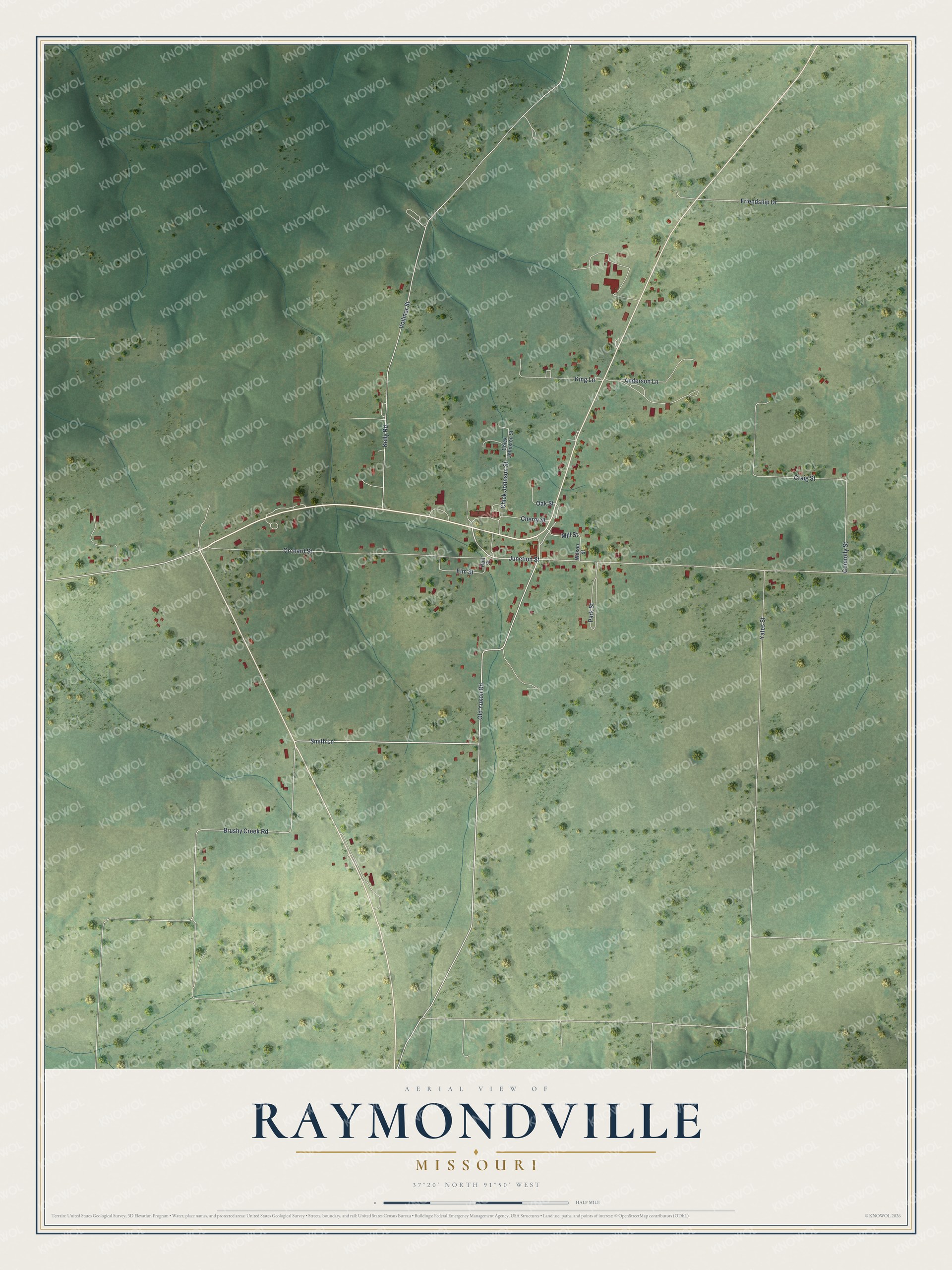 Watermarked full-map preview of Raymondville, Missouri