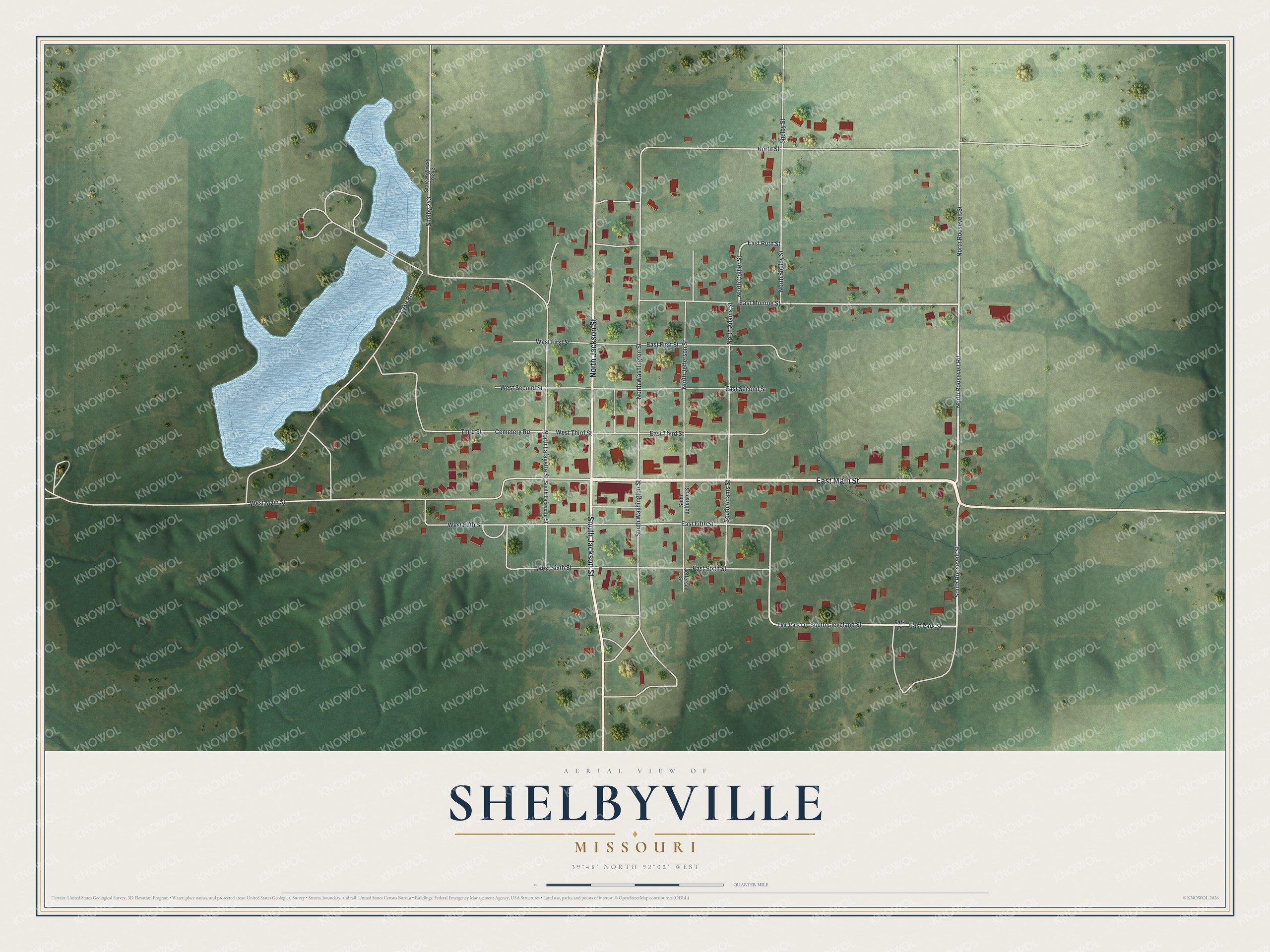 Full Shelbyville, Missouri map with a central street grid, red buildings, green fields and a blue lake on the left