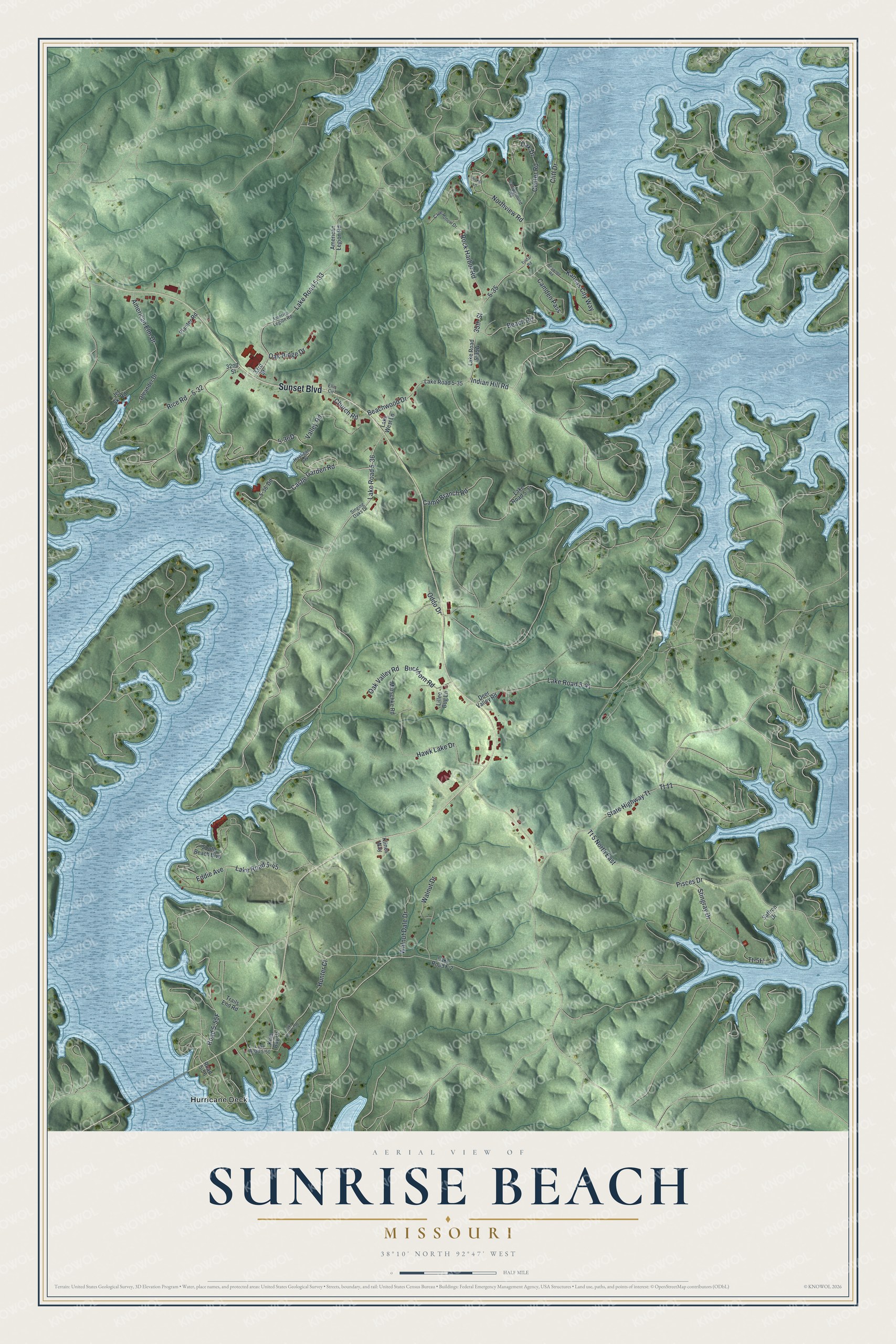 Watermarked full-map preview of Sunrise Beach, Missouri