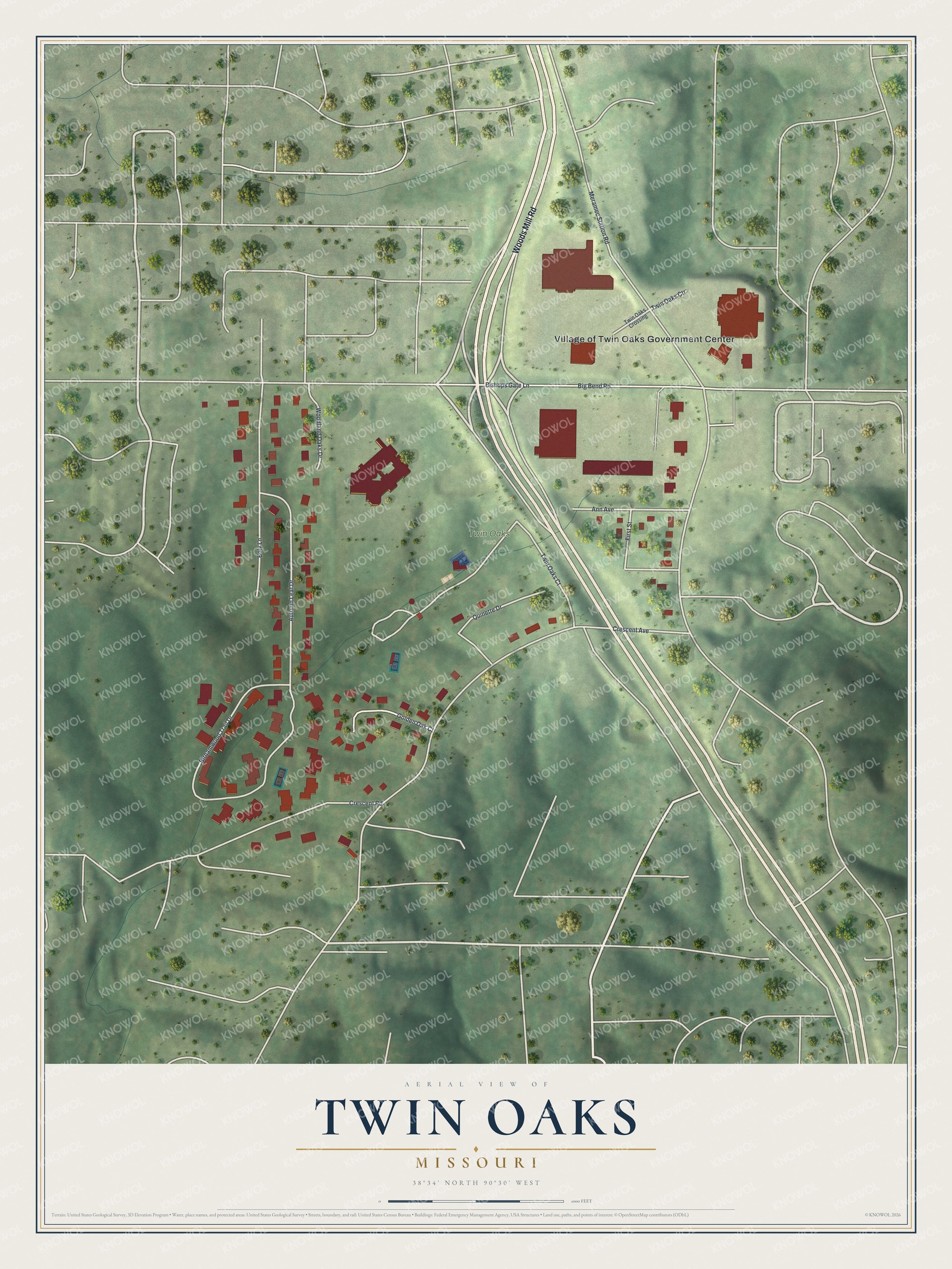 Watermarked full-map preview of Twin Oaks, Missouri