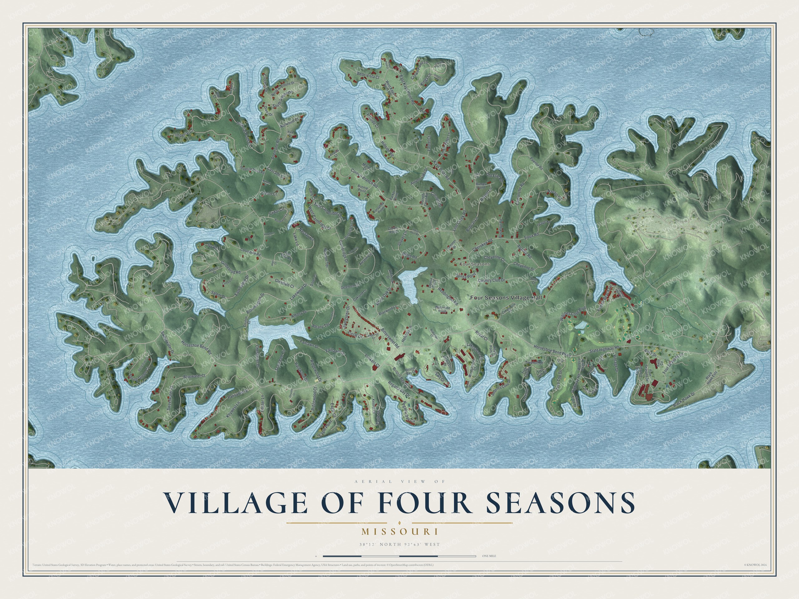 Watermarked full-map preview of Village of Four Seasons, Missouri