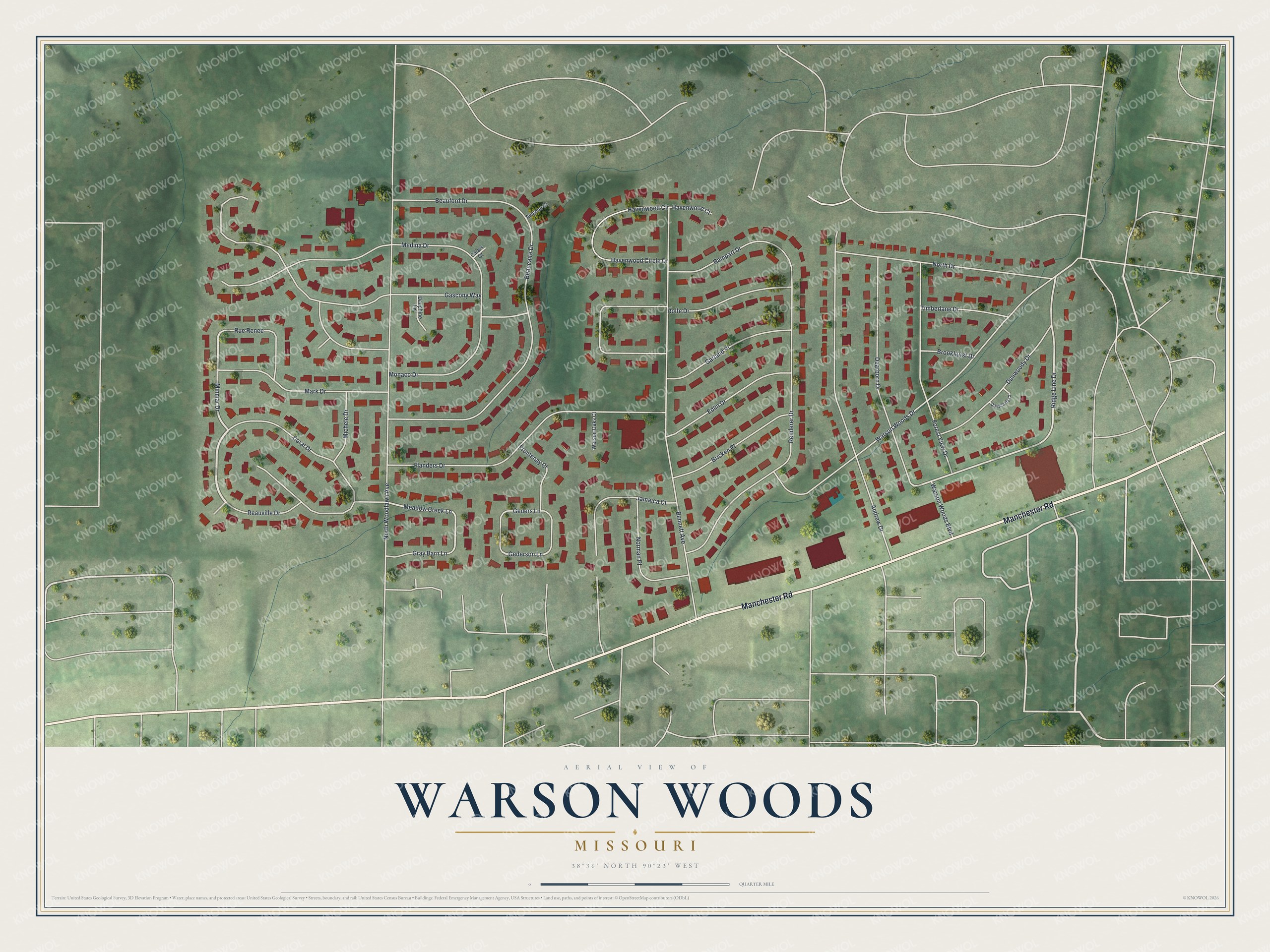 Watermarked full-map preview of Warson Woods, Missouri