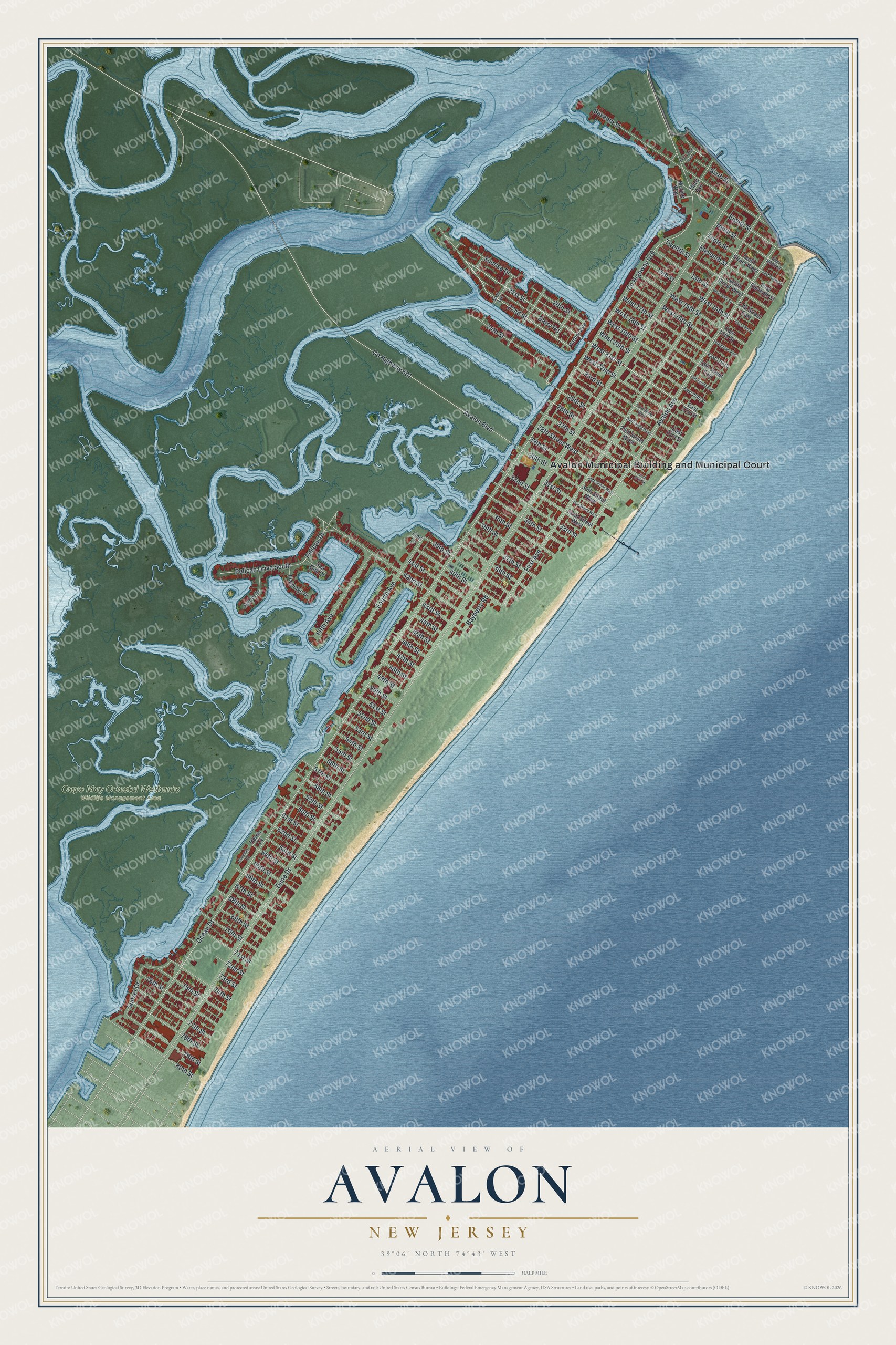 Detailed map of Avalon, New Jersey, showing streets, buildings, beaches, and parks