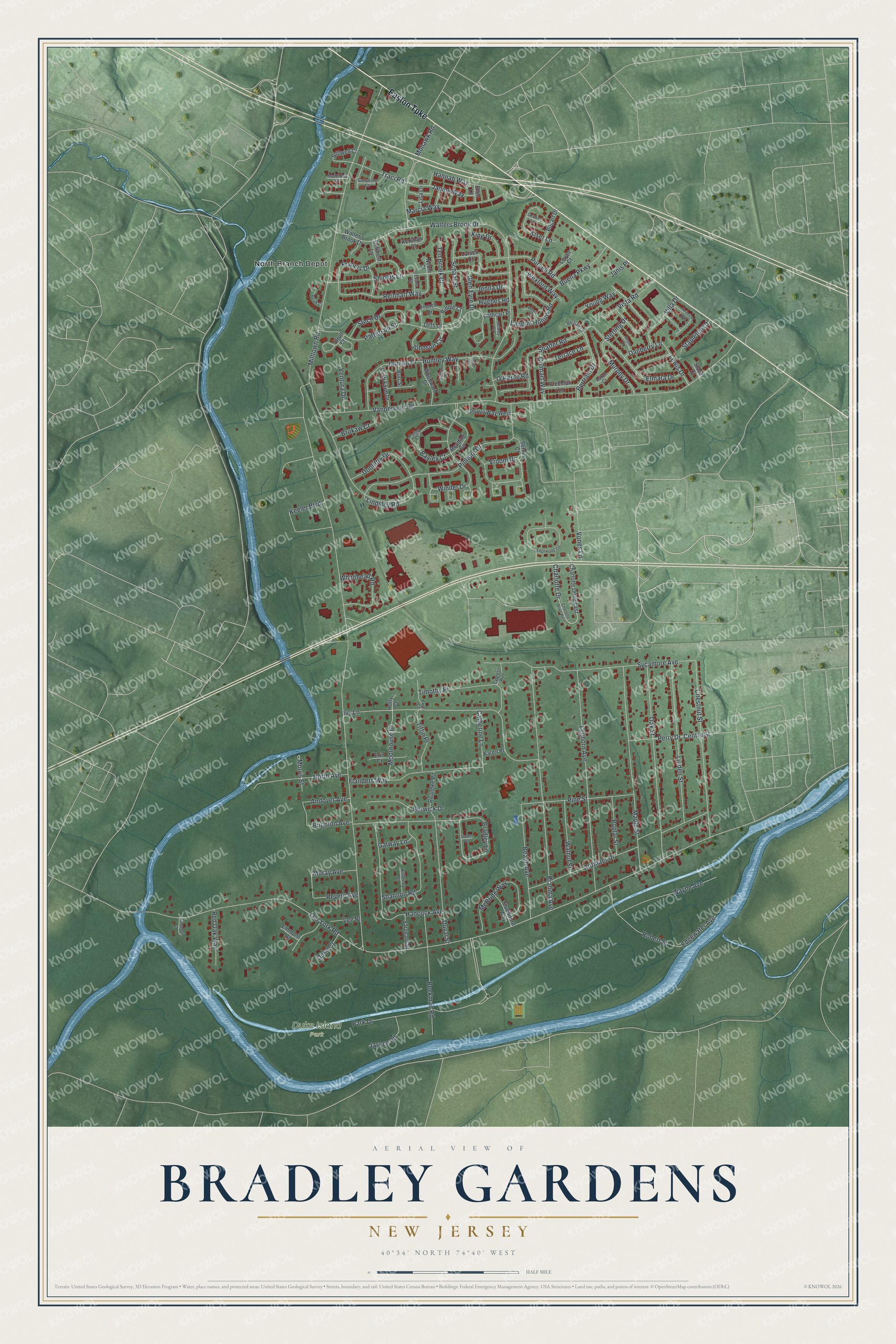 Detailed map of Bradley Gardens, New Jersey, showing streets, buildings, and parks