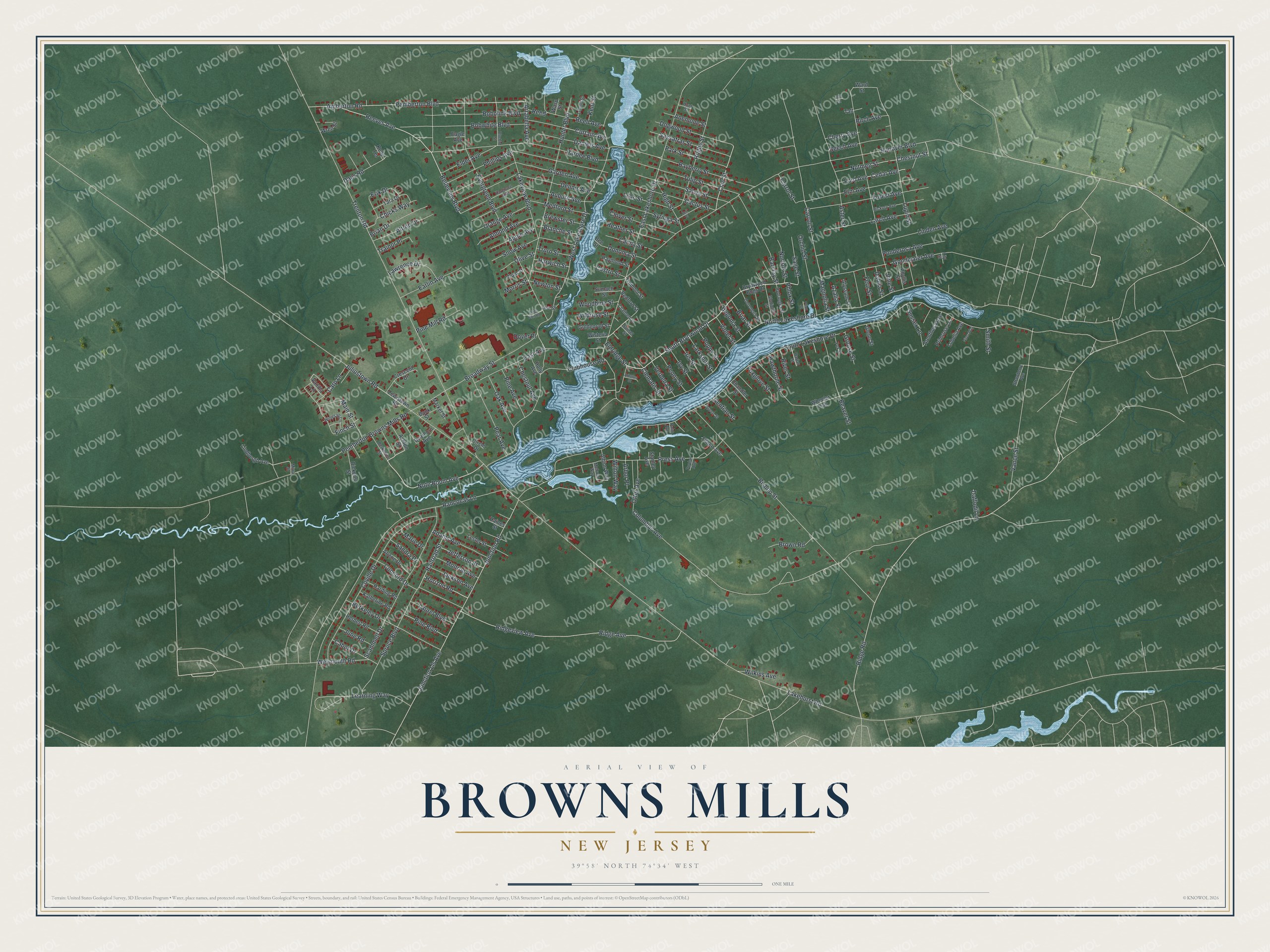 Detailed map of Browns Mills, New Jersey, showing streets and buildings