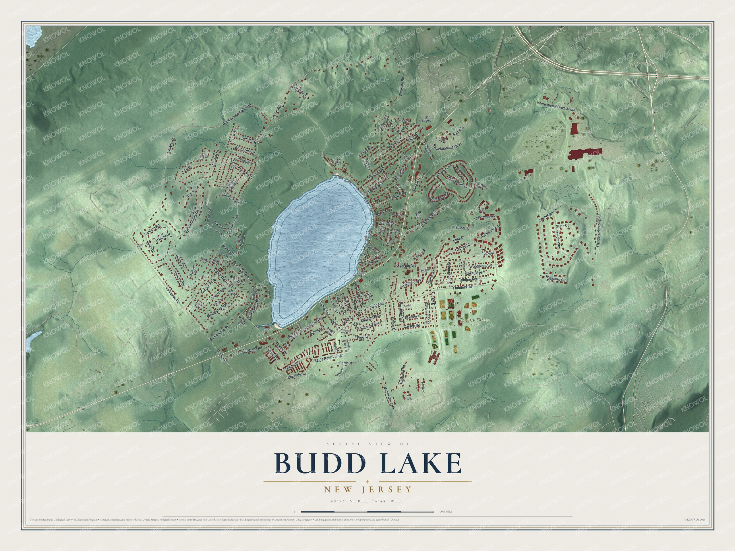 Detailed map of Budd Lake, New Jersey, showing streets, buildings, and parks