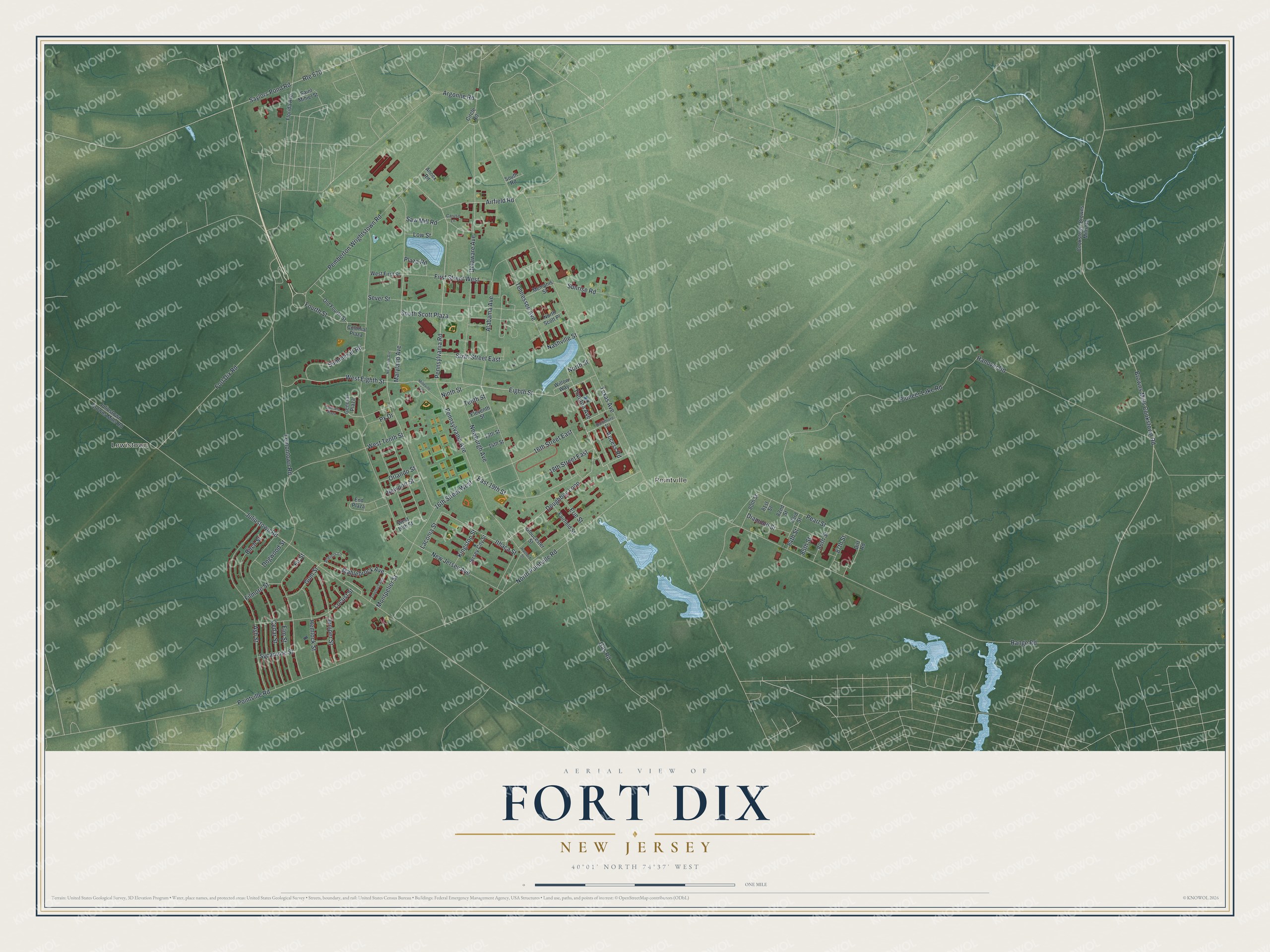 Detailed map of Fort Dix, New Jersey, showing streets, buildings, and neighborhoods