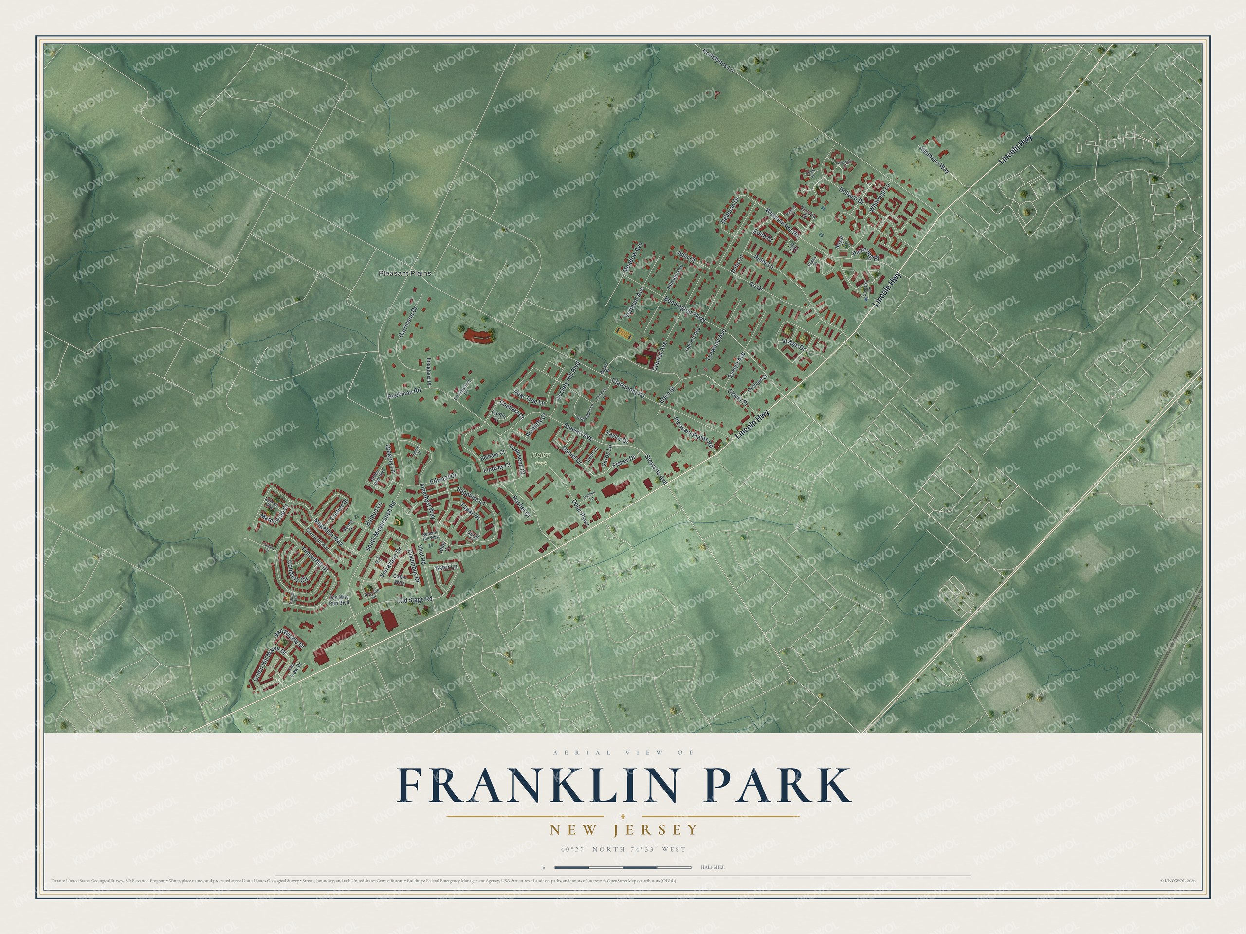 Detailed map of Franklin Park, New Jersey, showing streets, buildings, and parks