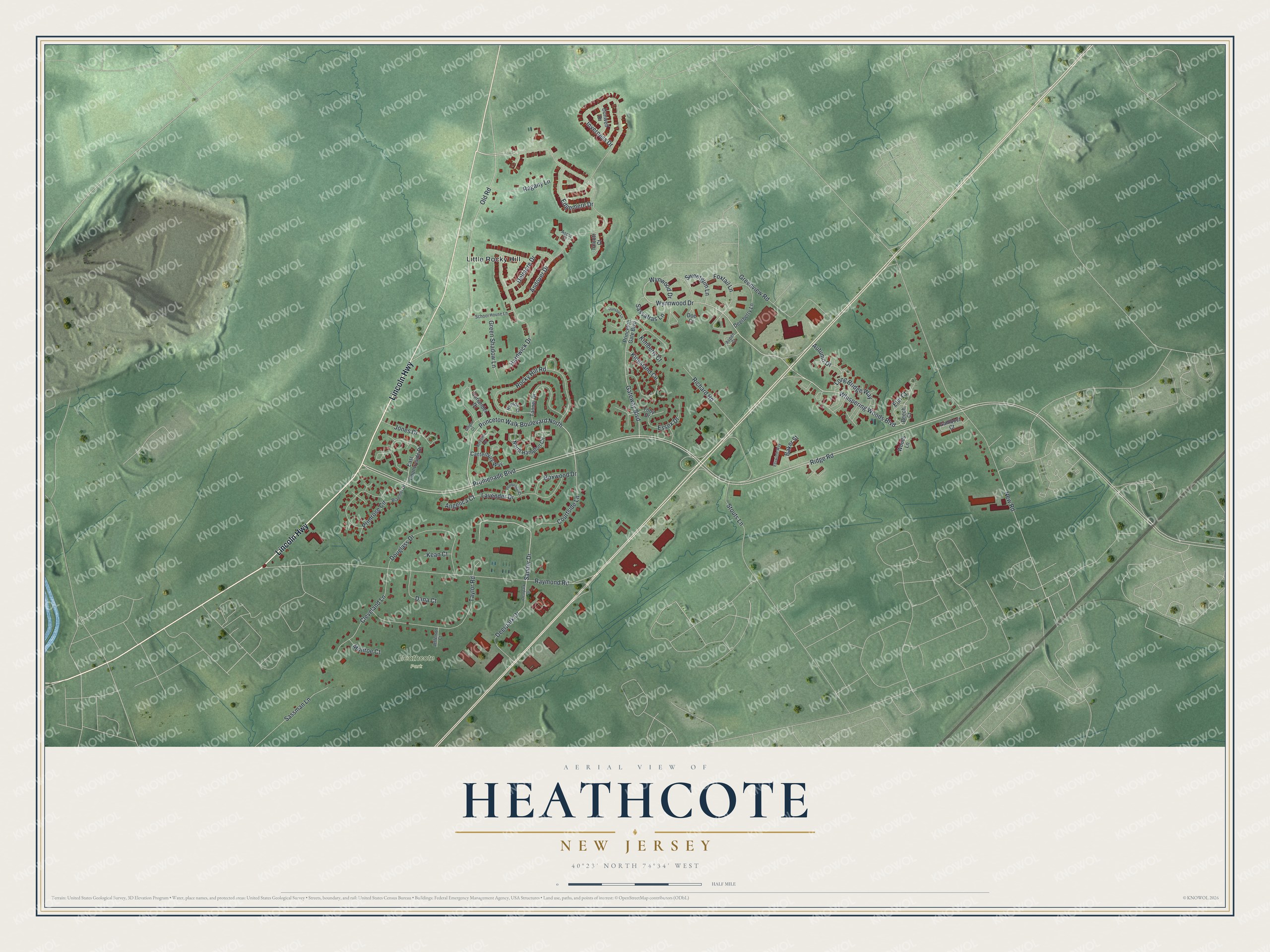 Detailed map of Heathcote, New Jersey, showing streets and buildings