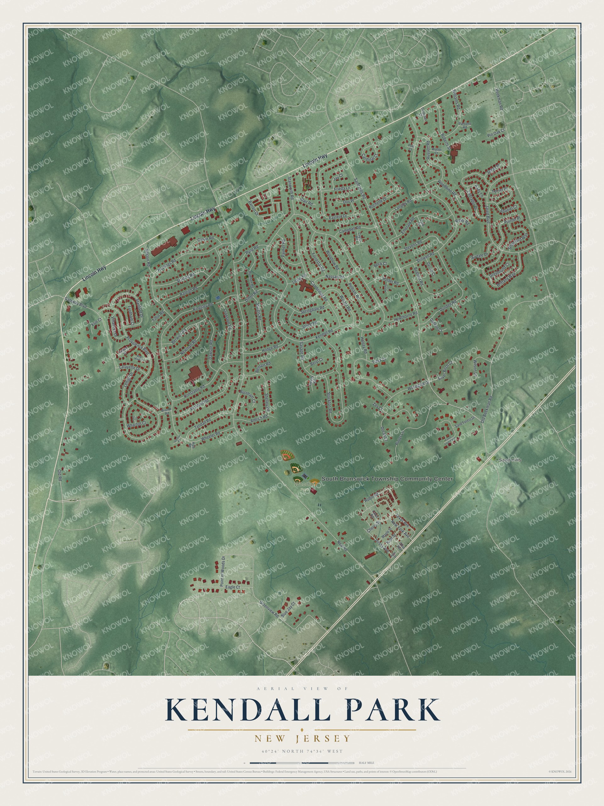 Detailed map of Kendall Park, New Jersey, showing streets, buildings, and parks