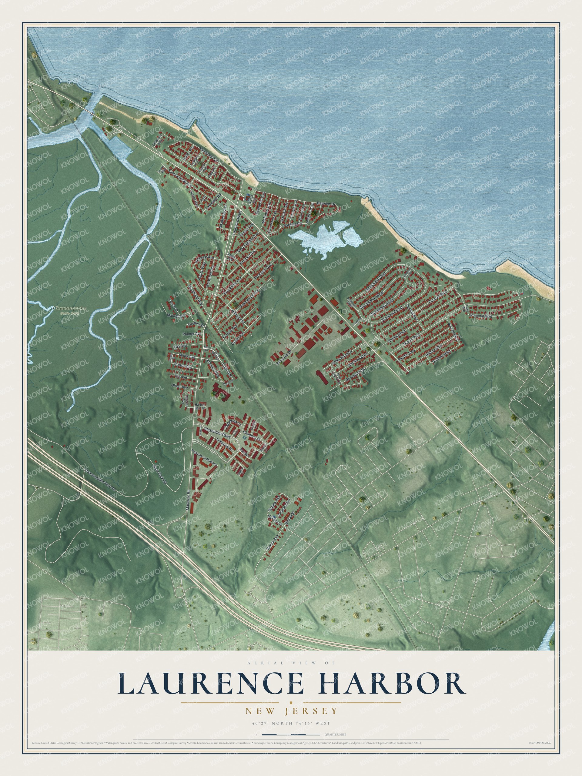 Detailed map of Laurence Harbor, New Jersey, showing streets, buildings, beaches, and parks