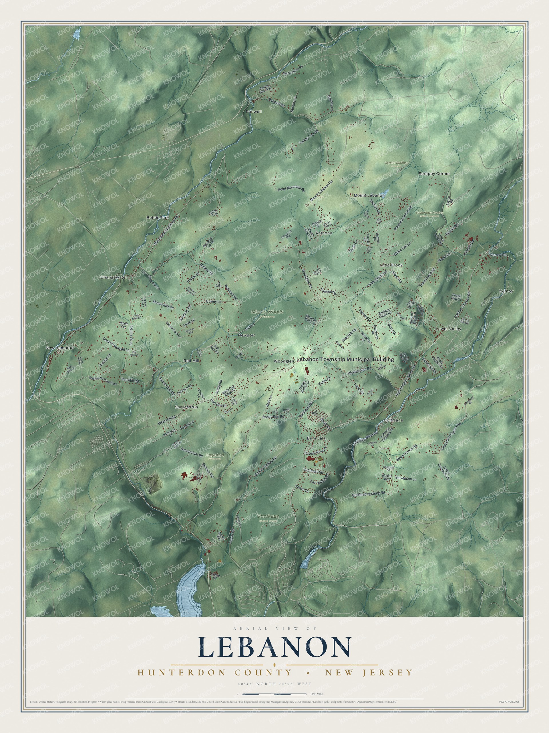 Detailed map of Lebanon, Hunterdon County, New Jersey, showing streets, buildings, neighborhoods, and parks