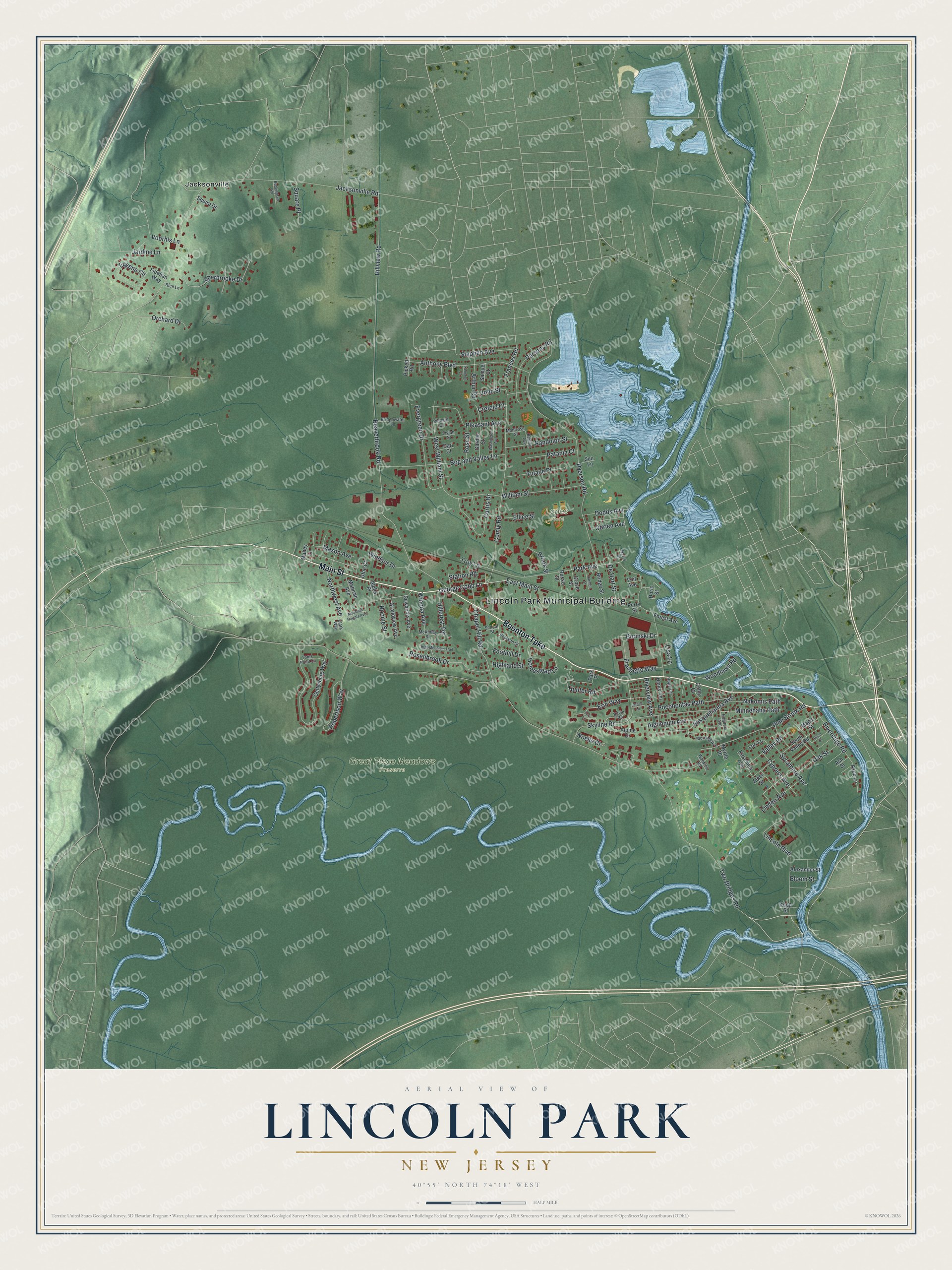 Detailed map of Lincoln Park, New Jersey, showing streets, buildings, and parks