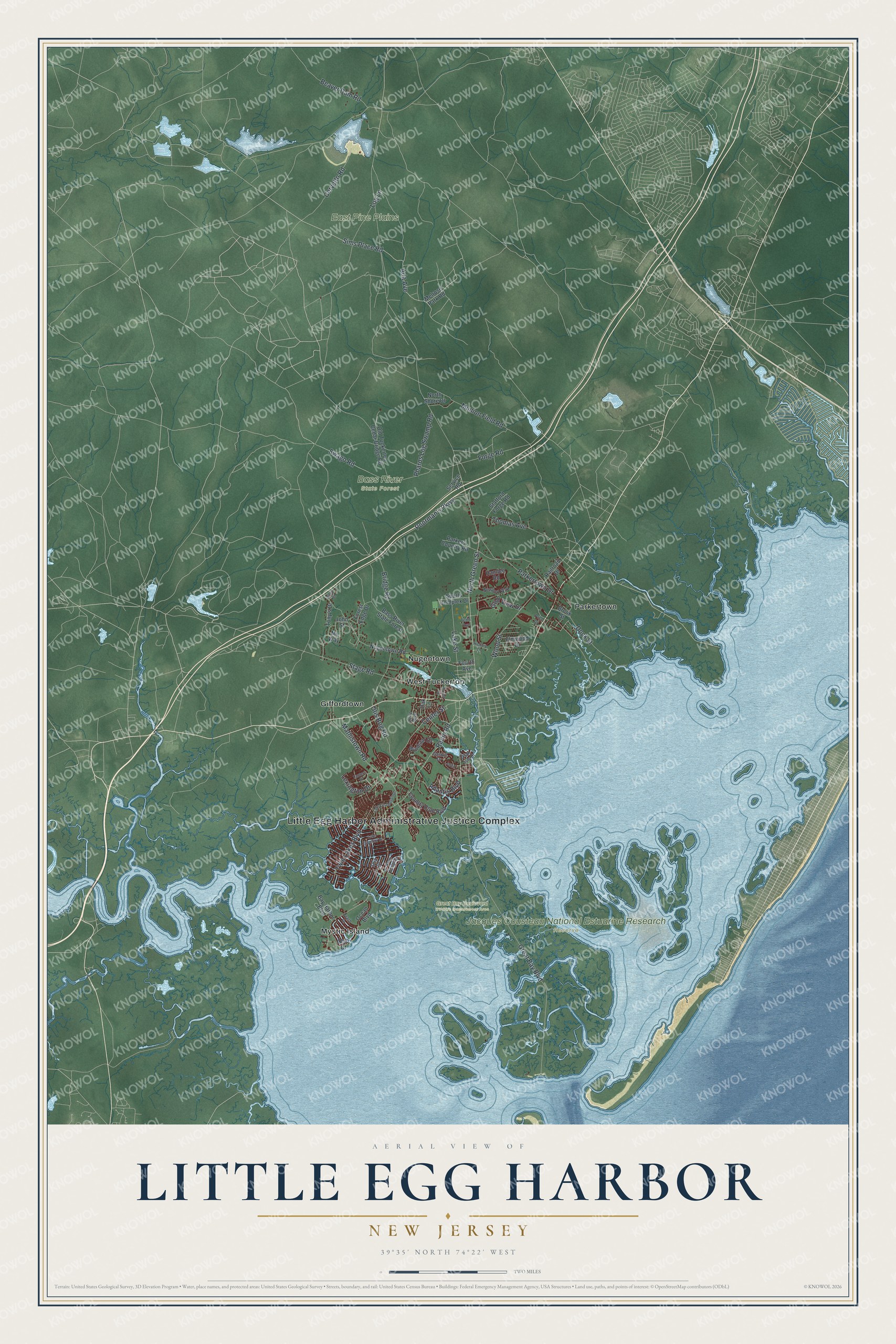 Detailed map of Little Egg Harbor, New Jersey, showing streets, buildings, neighborhoods, beaches, and parks