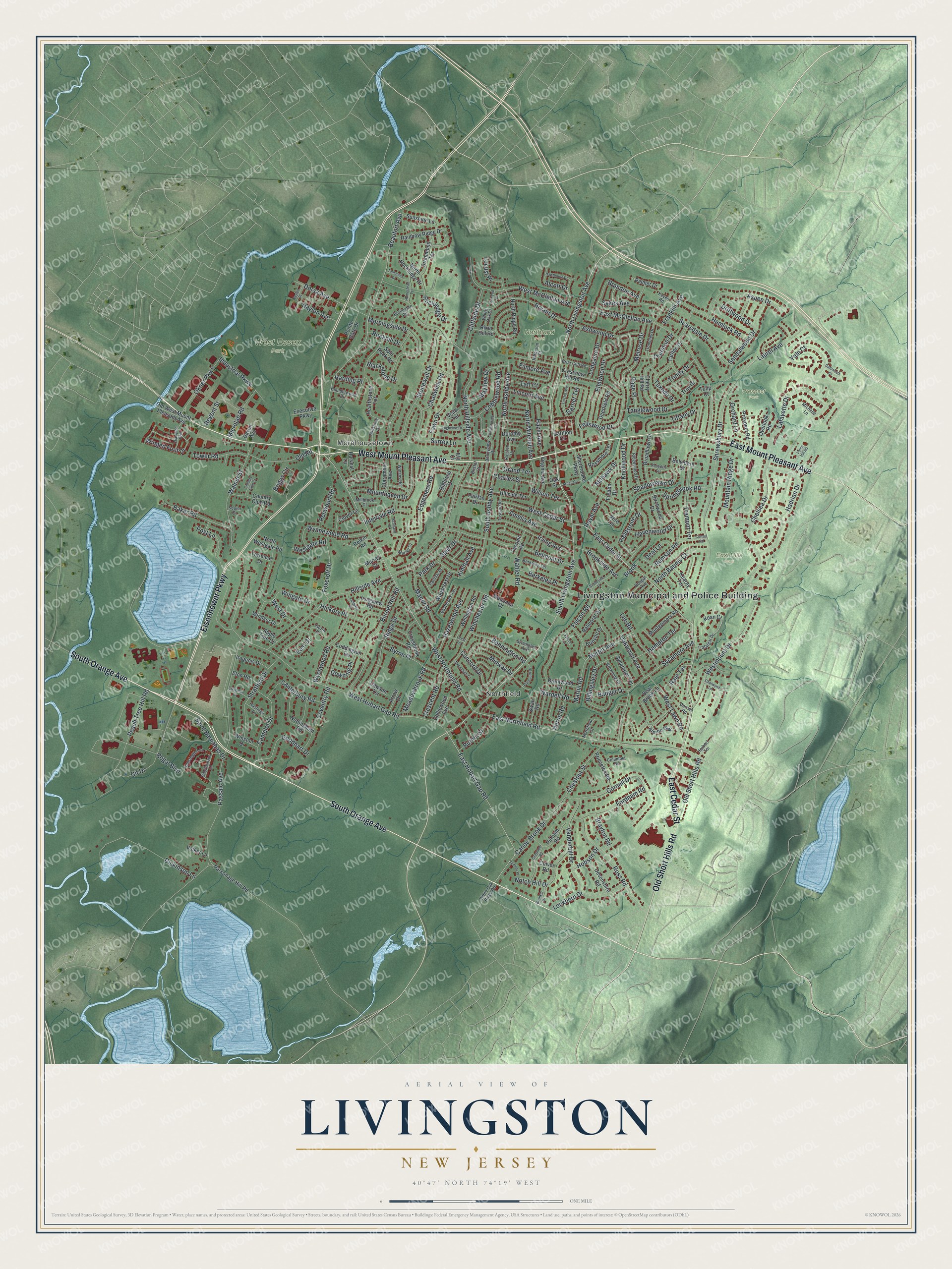 Detailed map of Livingston, New Jersey, showing streets, buildings, neighborhoods, and parks