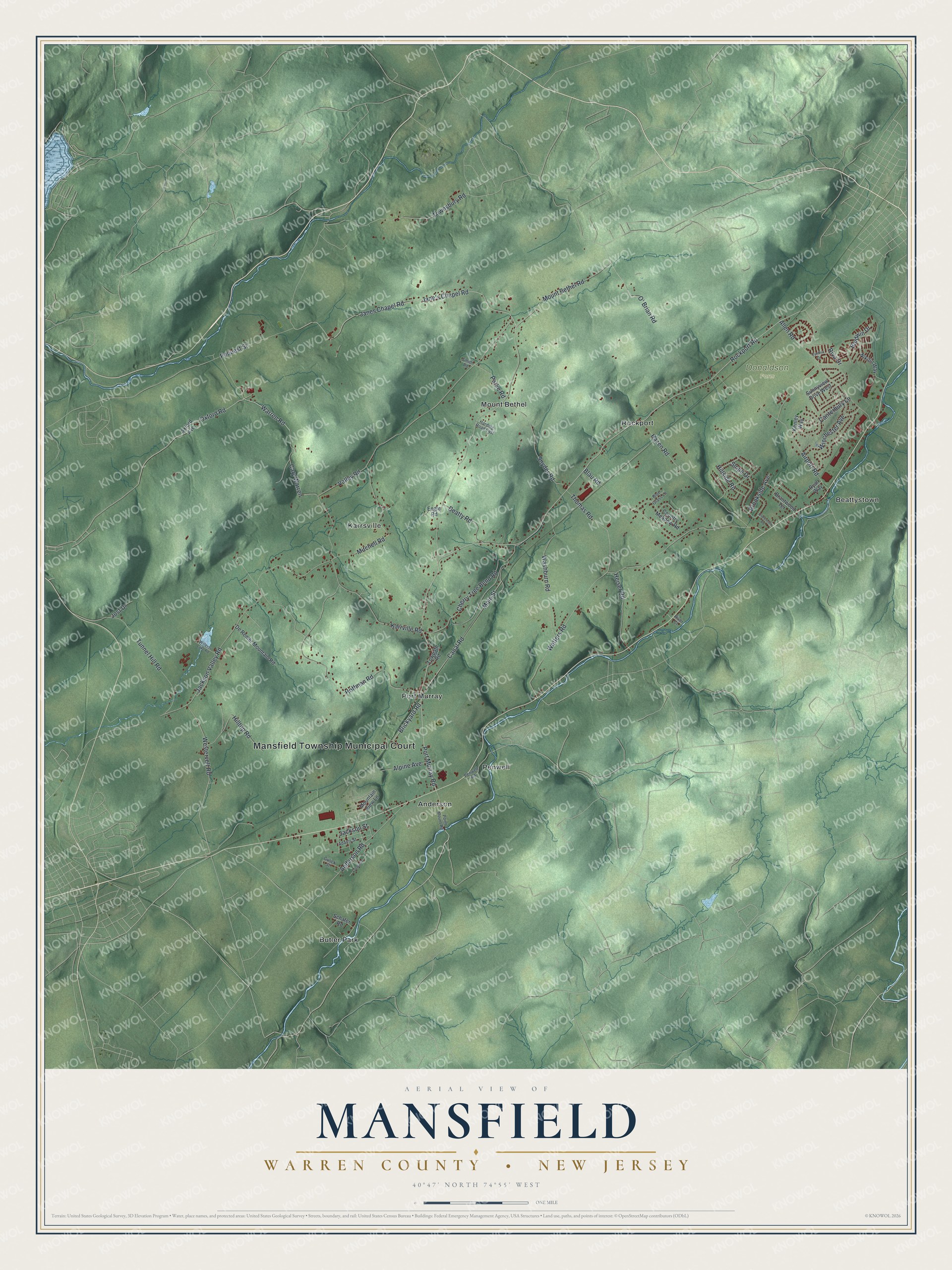 Detailed map of Mansfield, Warren County, New Jersey, showing streets, buildings, and neighborhoods