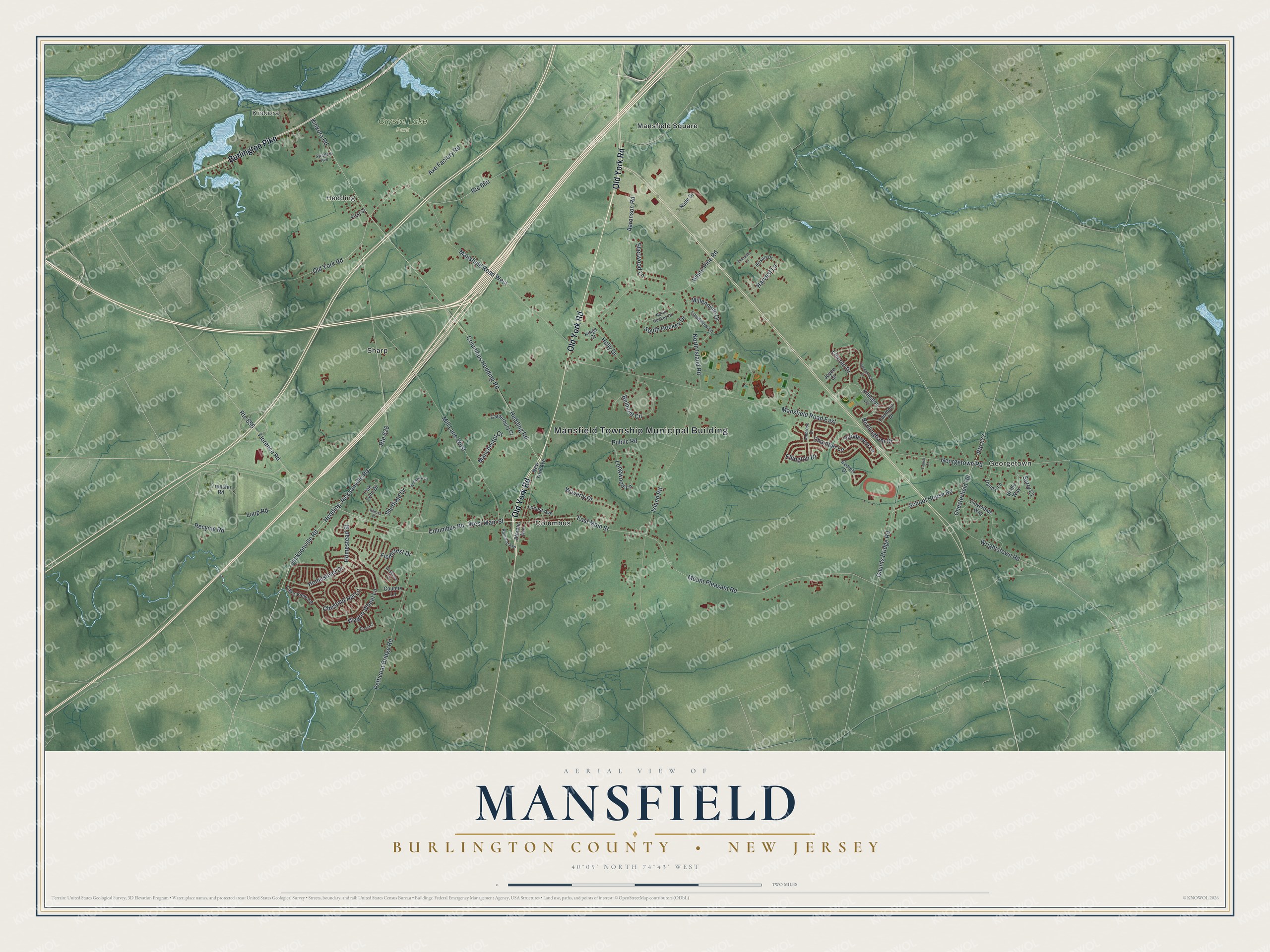 Detailed map of Mansfield, Burlington County, New Jersey, showing streets, buildings, neighborhoods, and parks