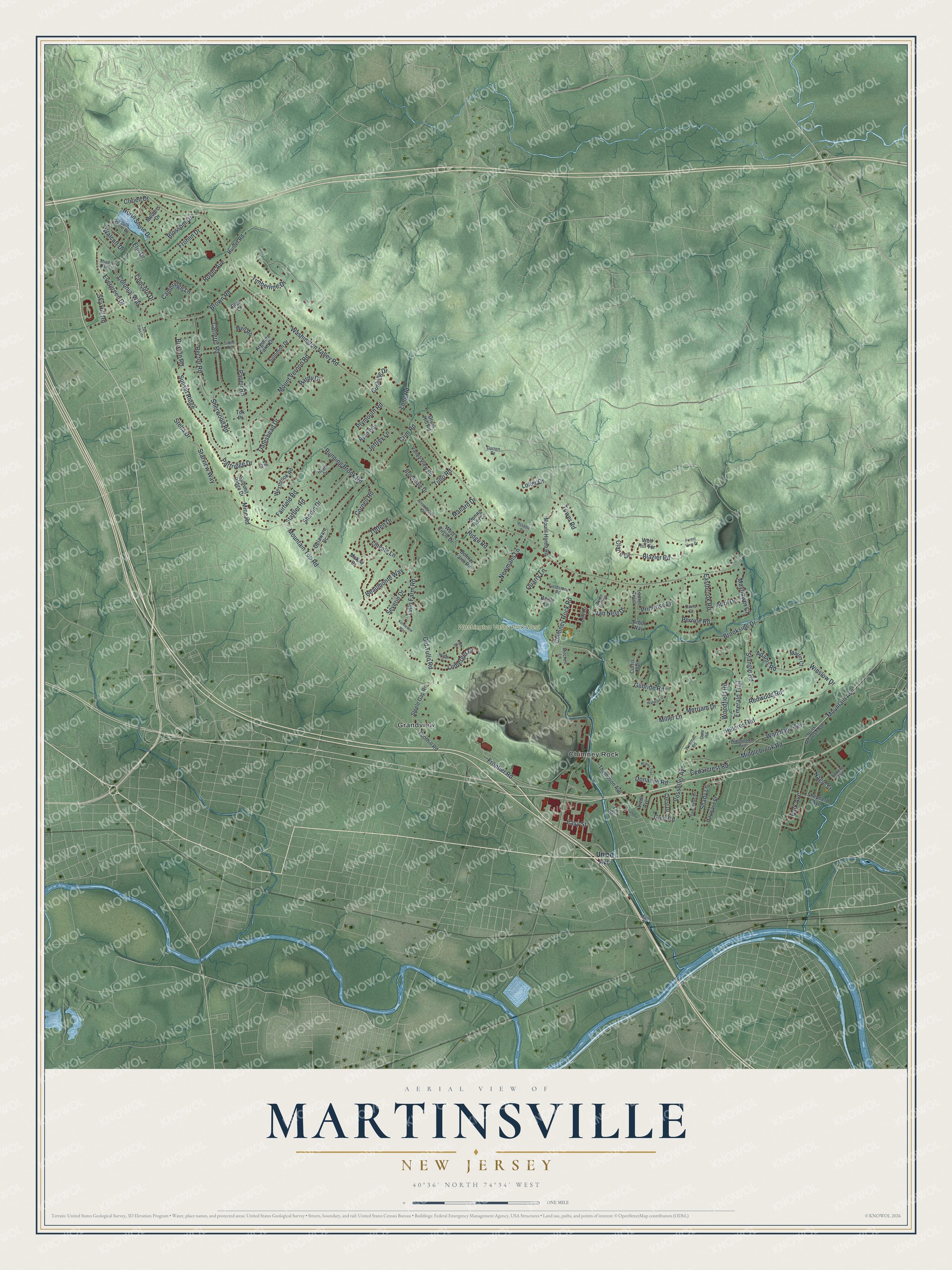 Detailed map of Martinsville, New Jersey, showing streets, buildings, neighborhoods, and parks