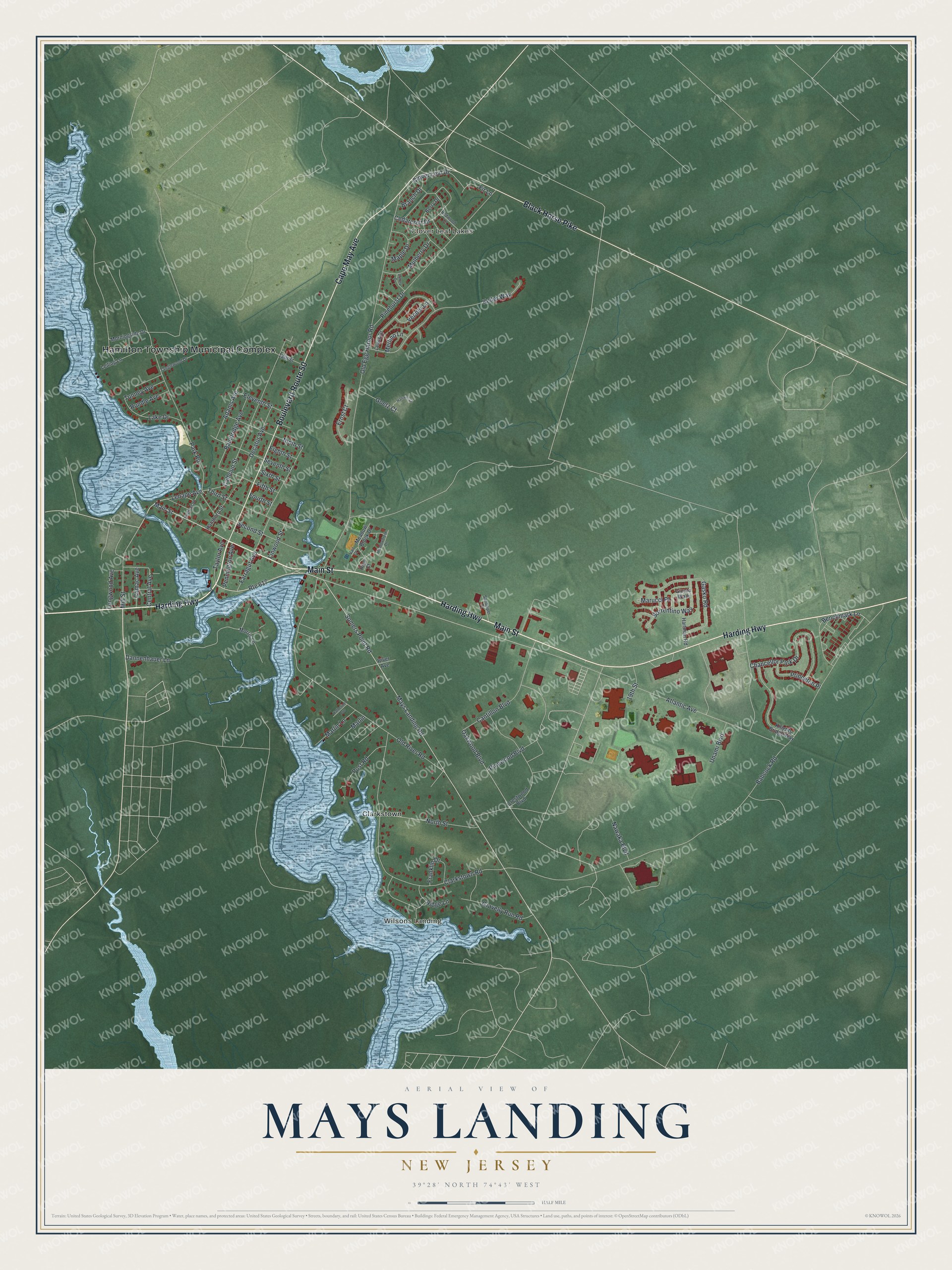 Detailed map of Mays Landing, New Jersey, showing streets, buildings, and neighborhoods