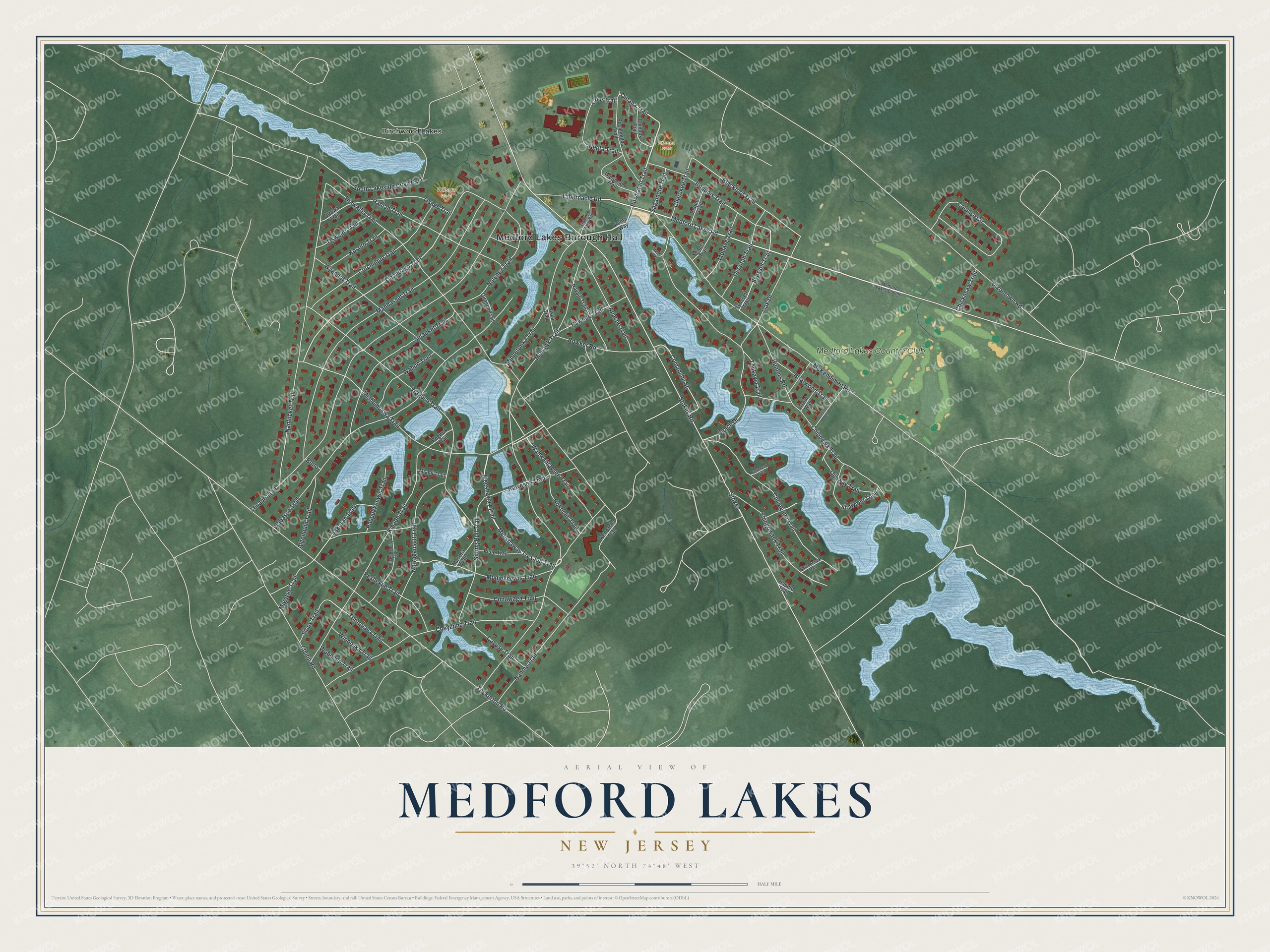 Detailed map of Medford Lakes, New Jersey, showing streets and buildings