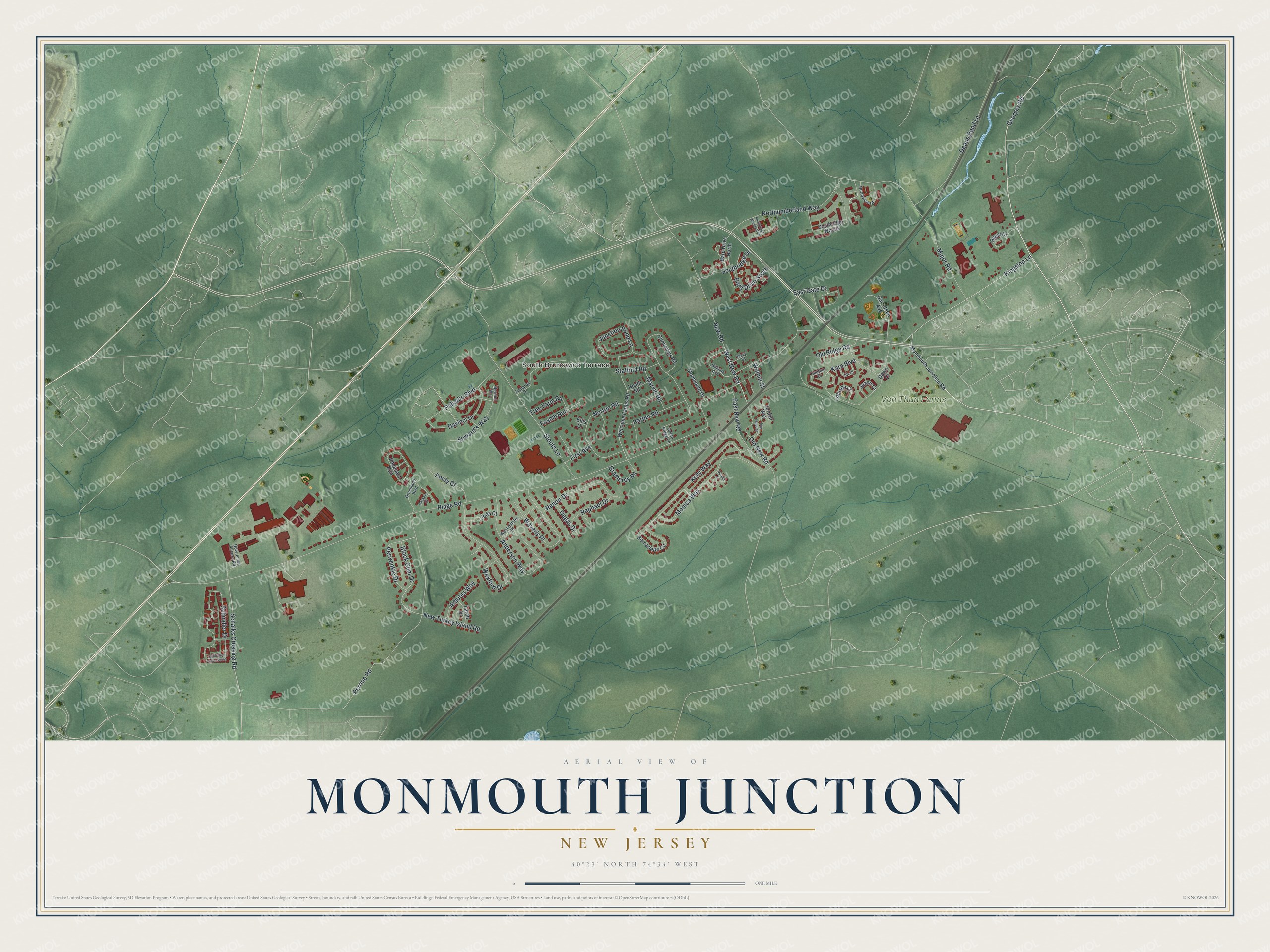 Detailed map of Monmouth Junction, New Jersey, showing streets and buildings