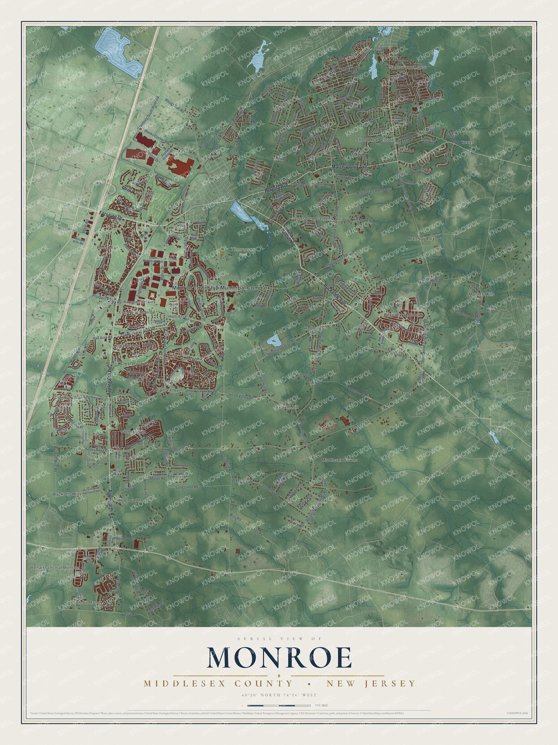Detailed map of Monroe, Middlesex County, New Jersey, showing streets, buildings, neighborhoods, and parks