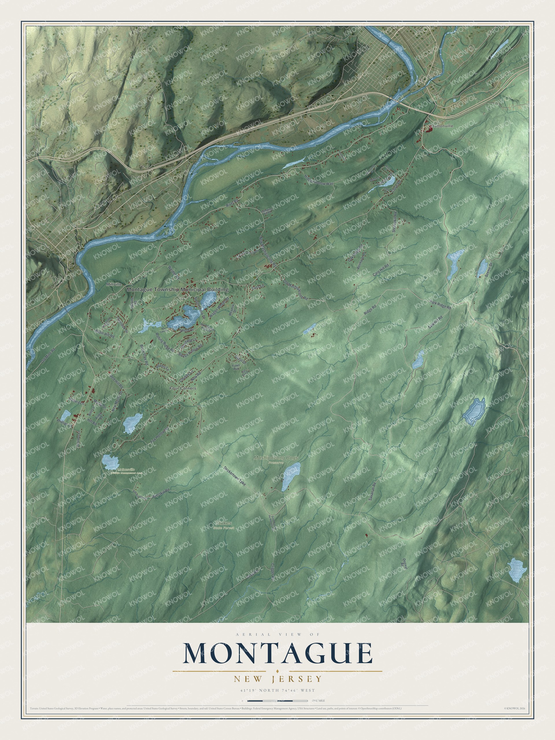 Detailed map of Montague, New Jersey, showing streets, buildings, neighborhoods, and parks