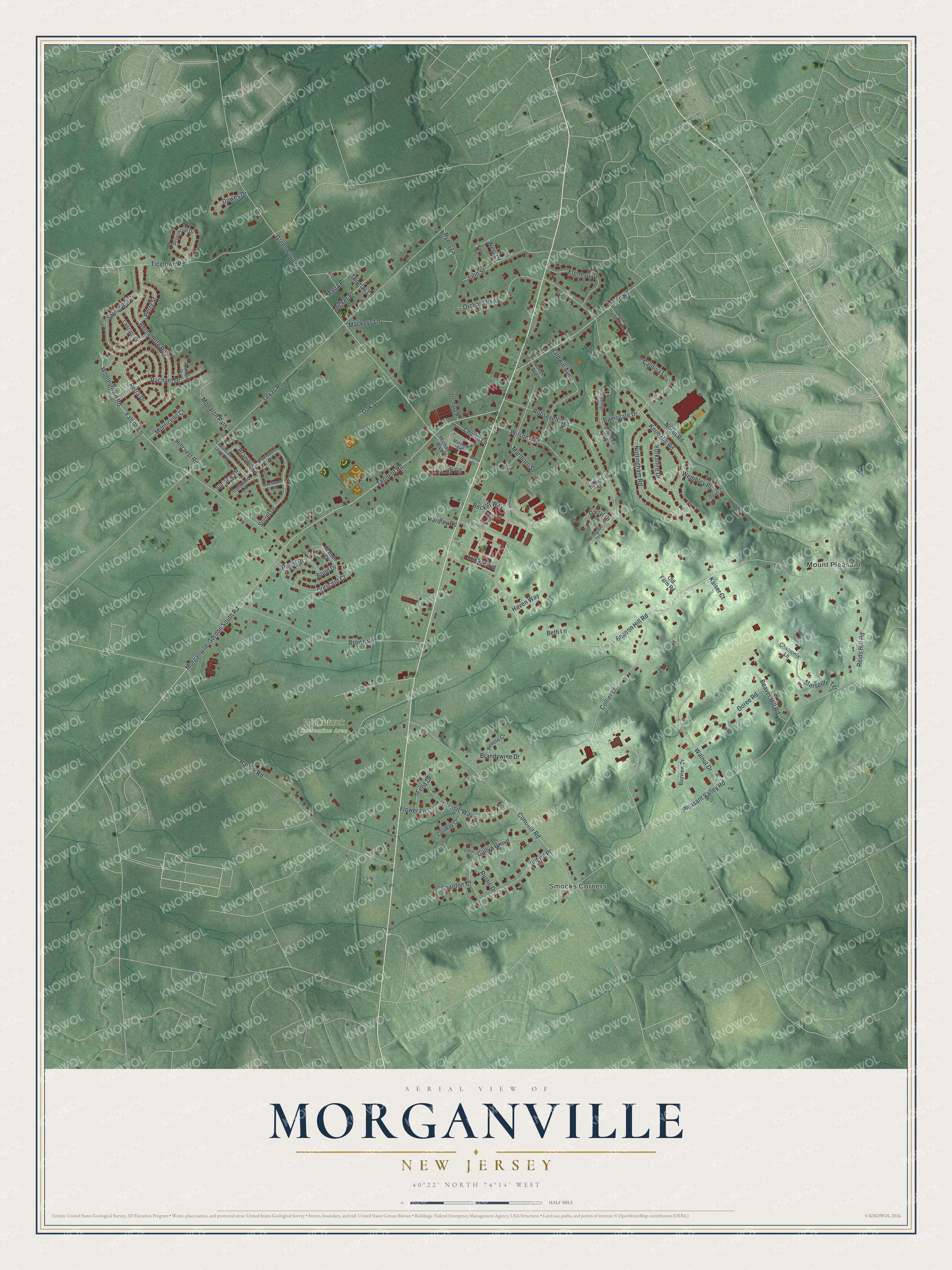 Detailed map of Morganville, New Jersey, showing streets, buildings, neighborhoods, and parks