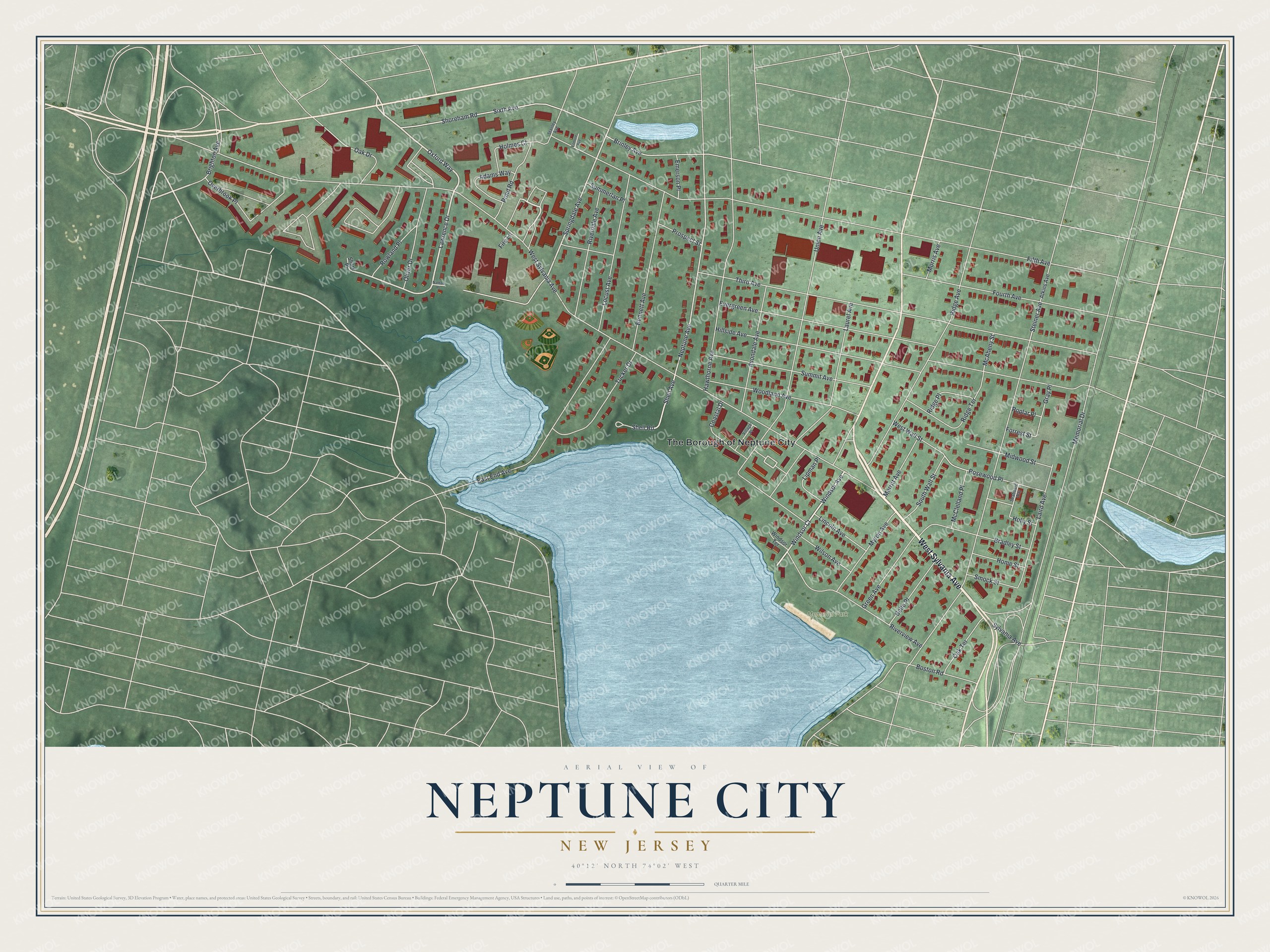 Detailed map of Neptune City, New Jersey, showing streets, buildings, and parks