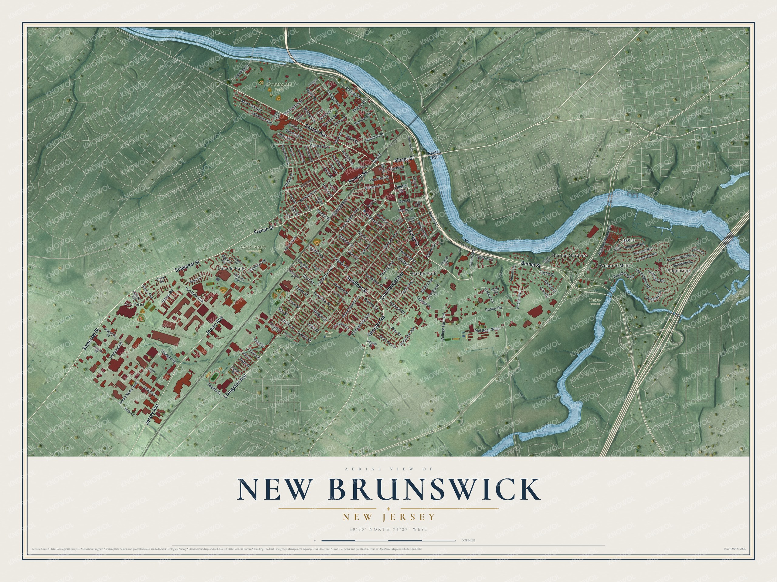 Detailed map of New Brunswick, New Jersey, showing streets, buildings, neighborhoods, and parks