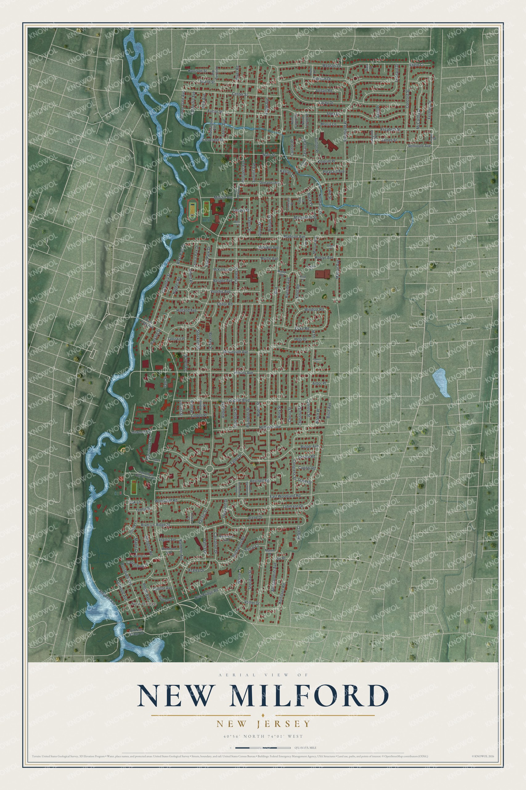 Detailed map of New Milford, New Jersey, showing streets and buildings