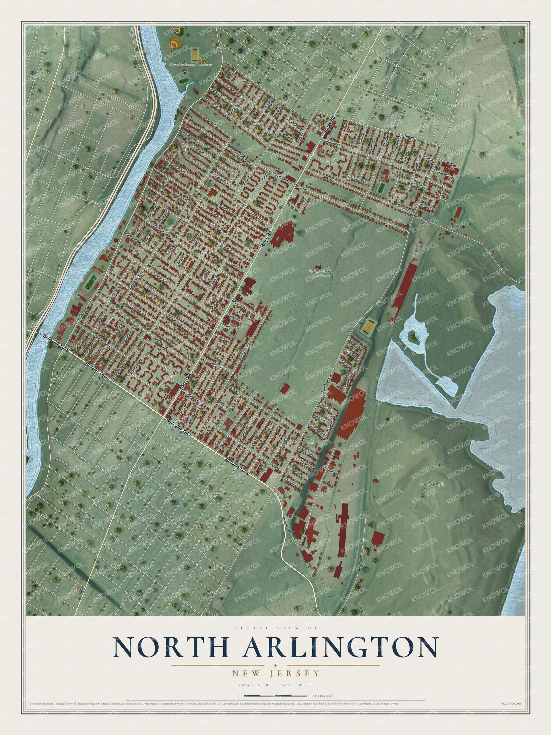 Detailed map of North Arlington, New Jersey, showing streets, buildings, and parks
