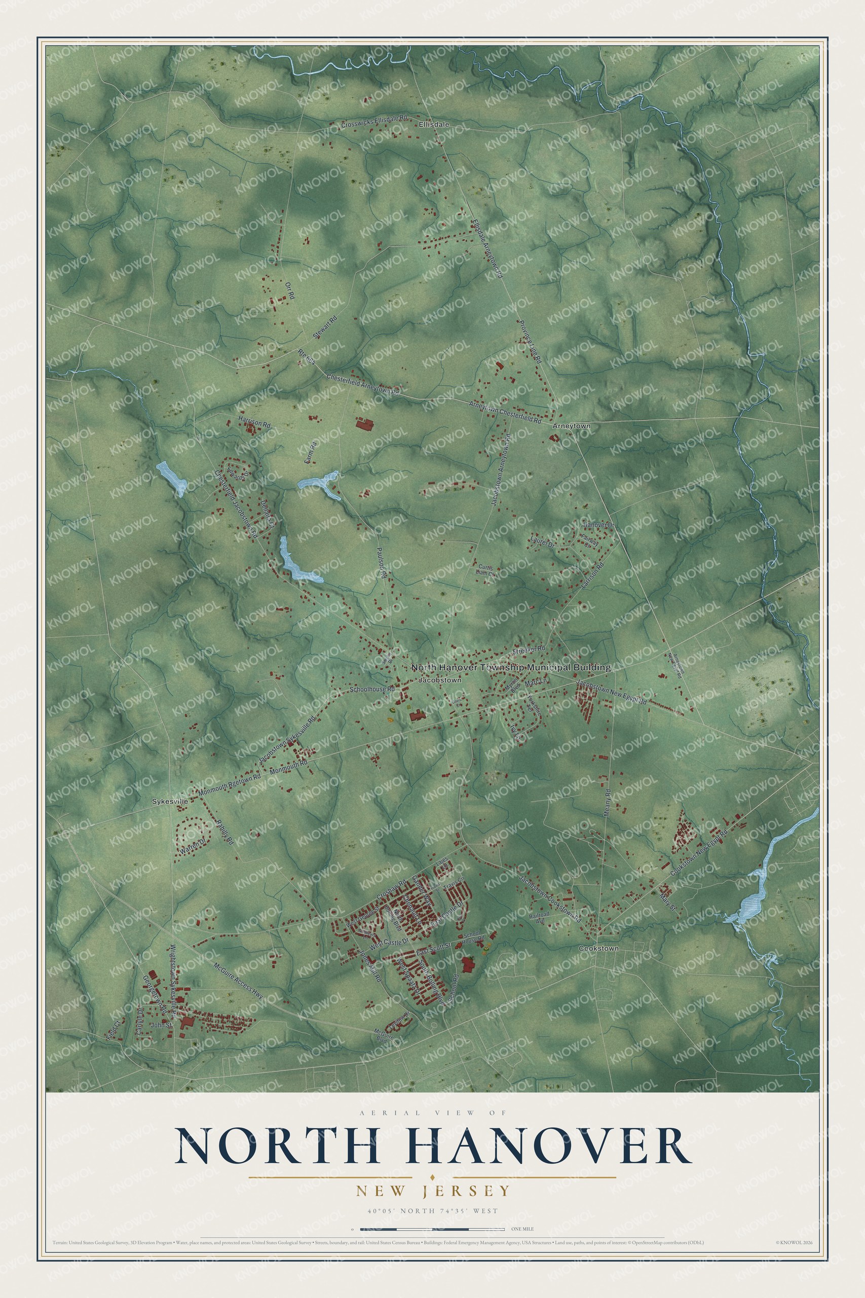 Detailed map of North Hanover, New Jersey, showing streets, buildings, and neighborhoods