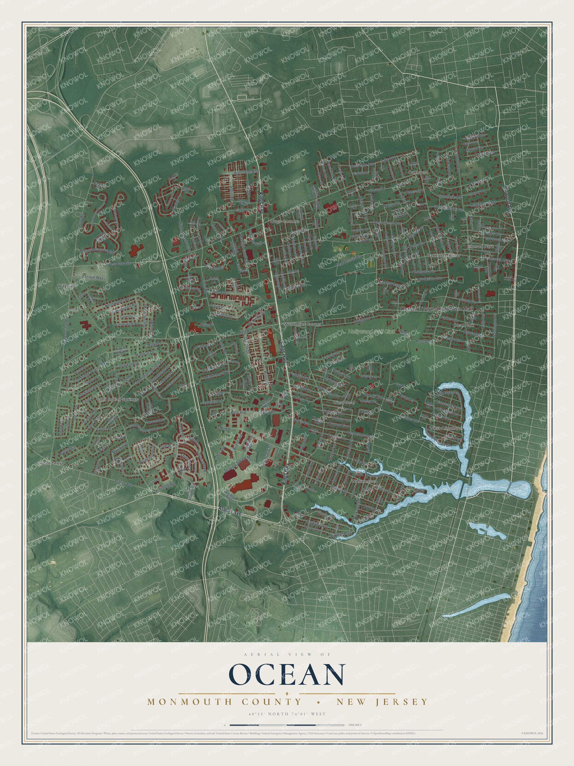 Detailed map of Ocean, Monmouth County, New Jersey, showing streets, buildings, neighborhoods, and beaches