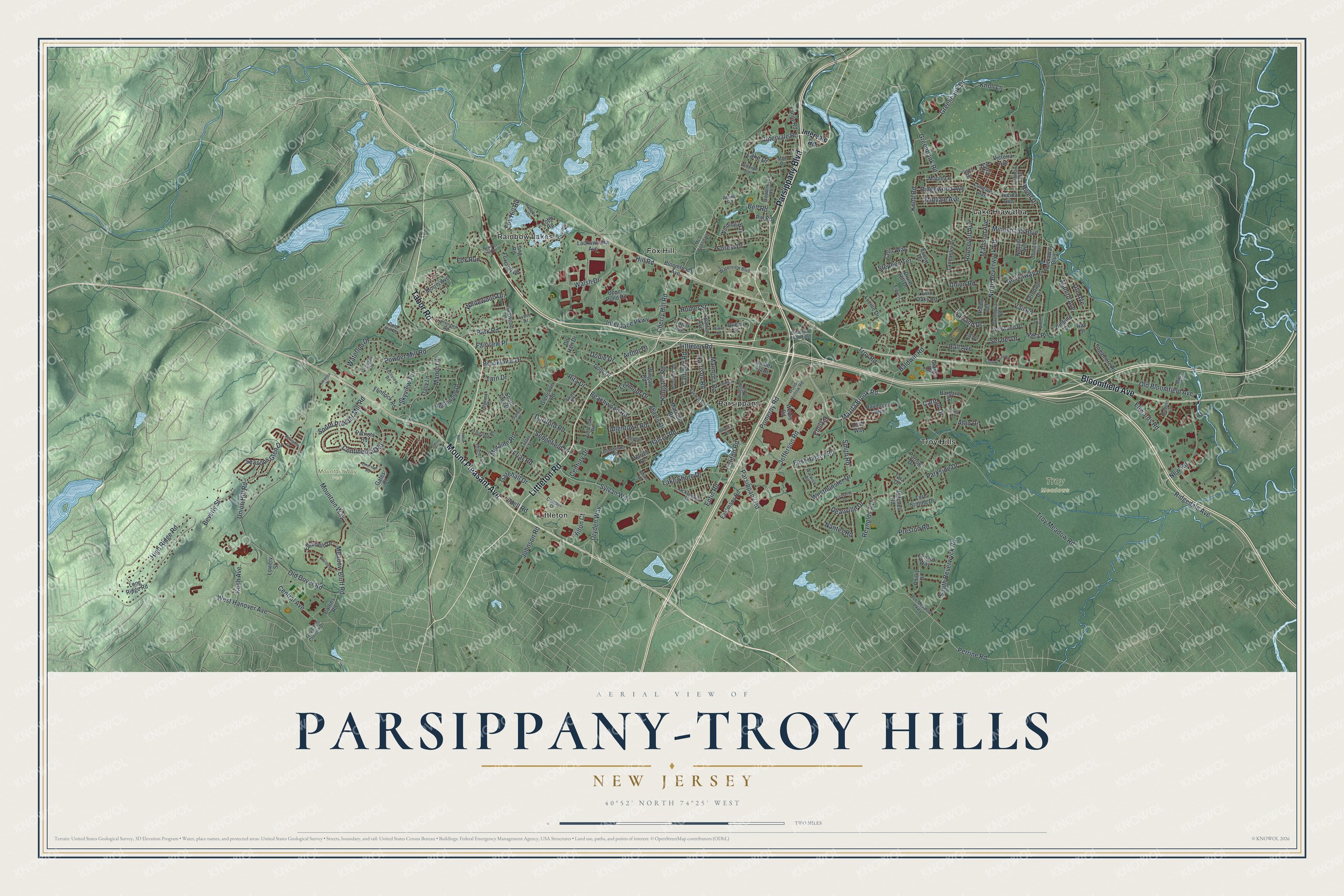 Detailed map of Parsippany-Troy Hills, New Jersey, showing streets, buildings, neighborhoods, and parks