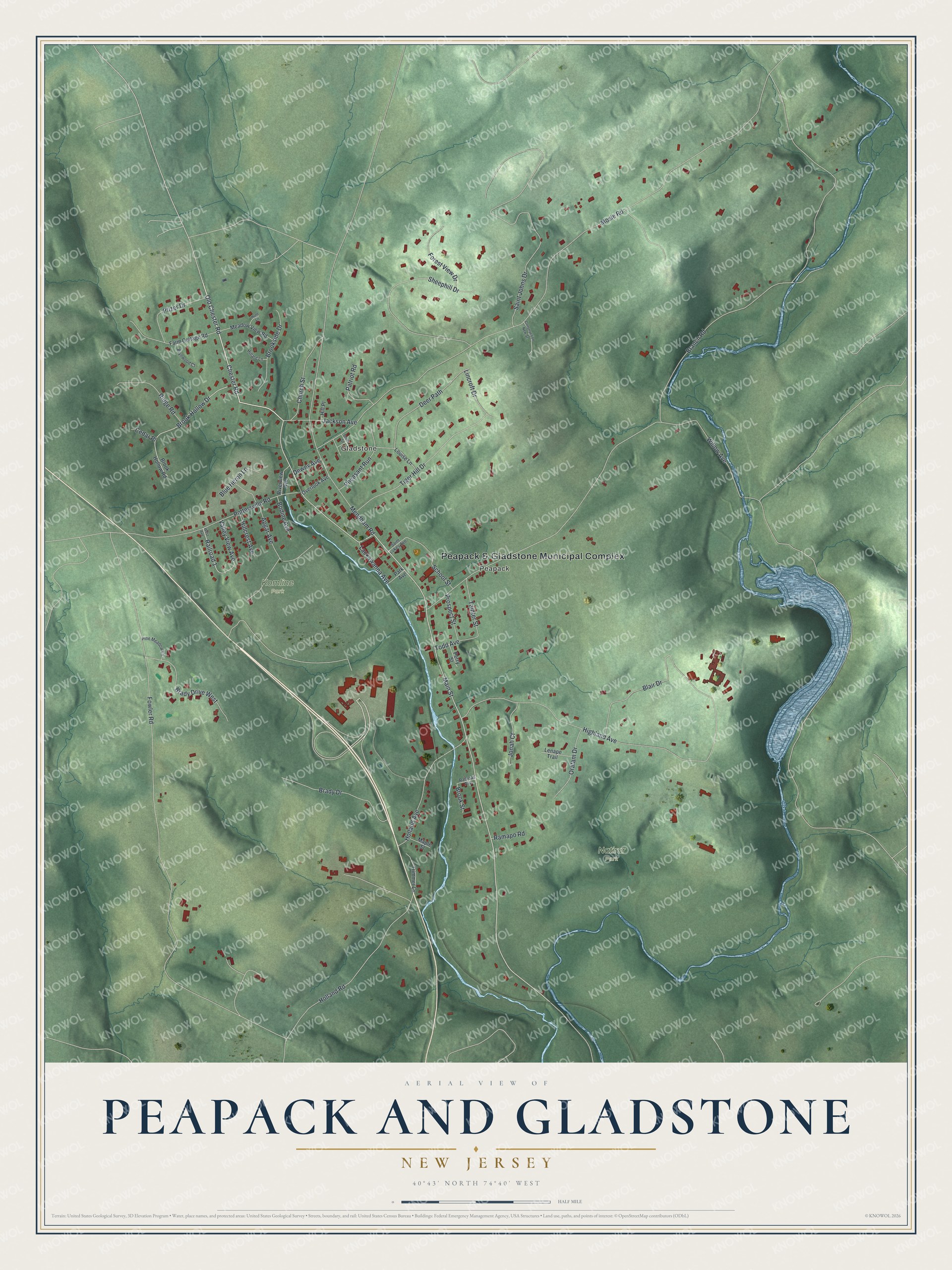 Detailed map of Peapack and Gladstone, New Jersey, showing streets, buildings, neighborhoods, and parks