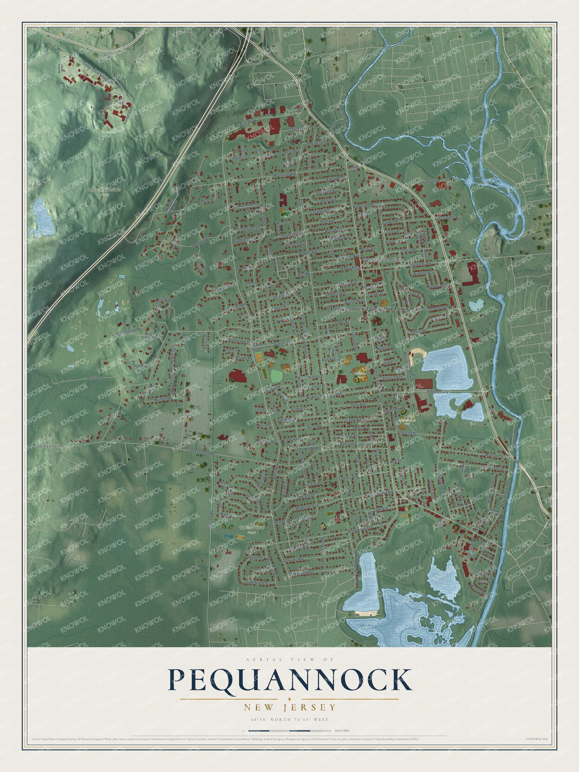 Detailed map of Pequannock, New Jersey, showing streets, buildings, neighborhoods, and parks