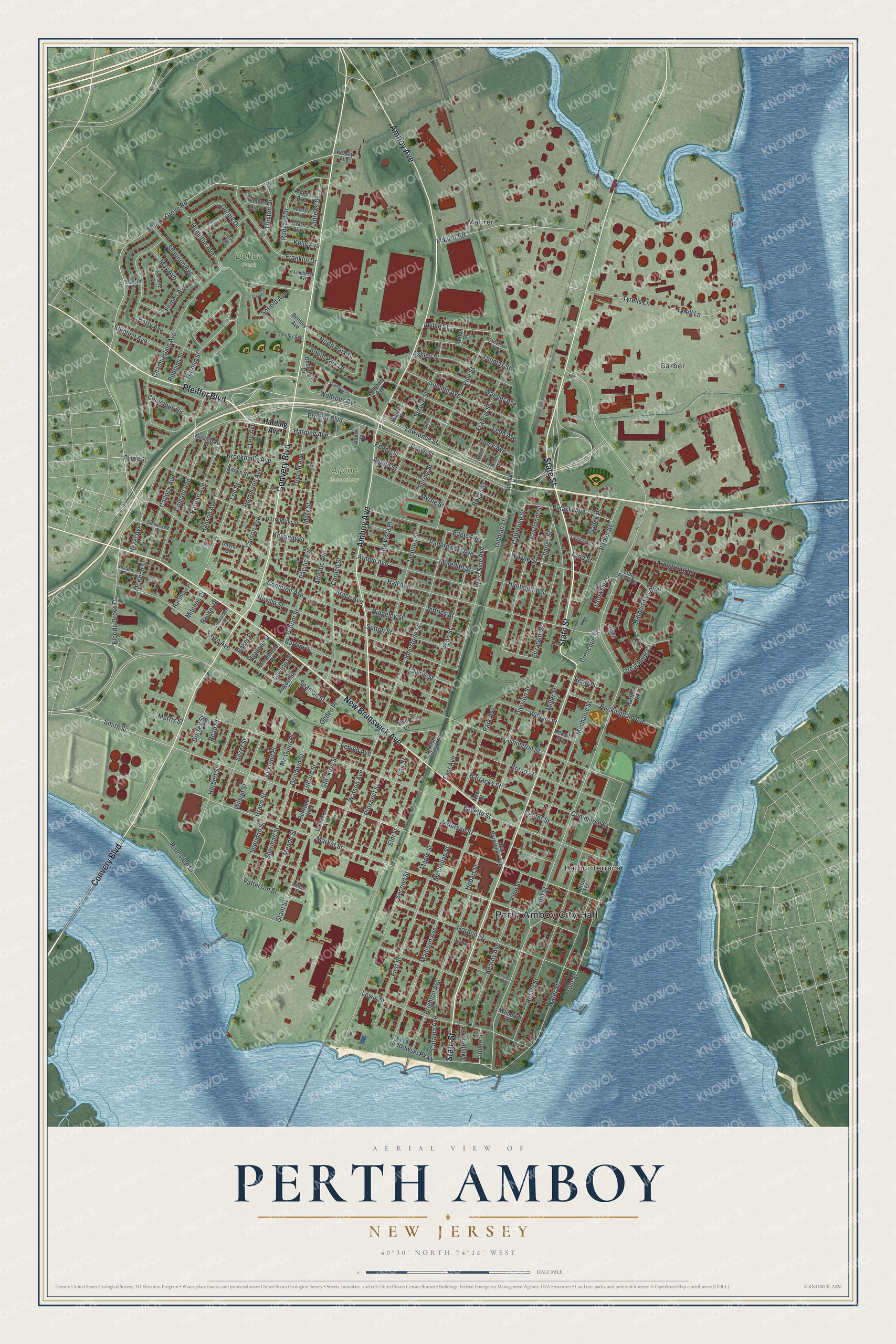 Detailed map of Perth Amboy, New Jersey, showing streets, buildings, neighborhoods, and parks