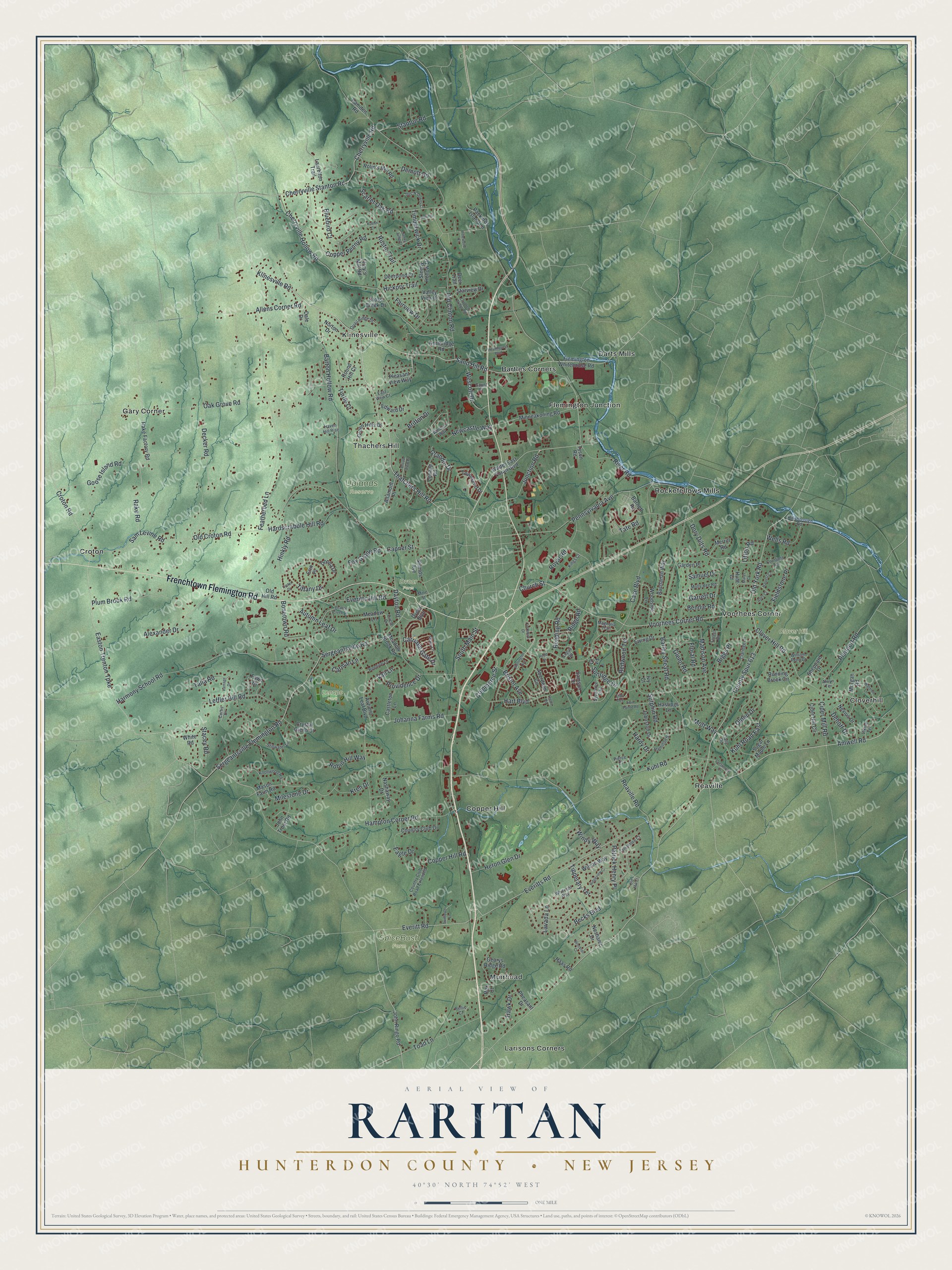 Detailed map of Raritan, Hunterdon County, New Jersey, showing streets, buildings, neighborhoods, and parks