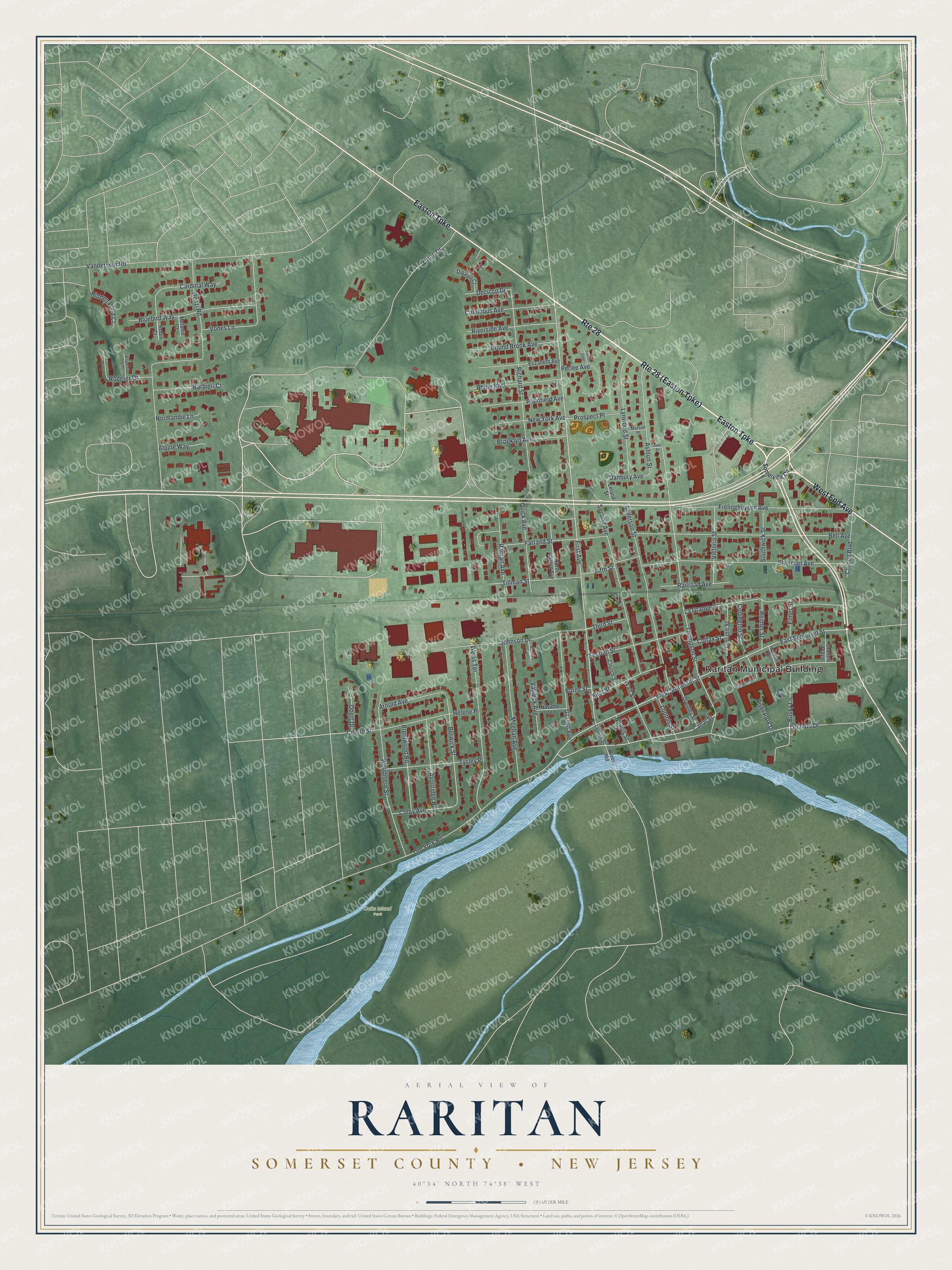 Detailed map of Raritan, Somerset County, New Jersey, showing streets, buildings, and parks
