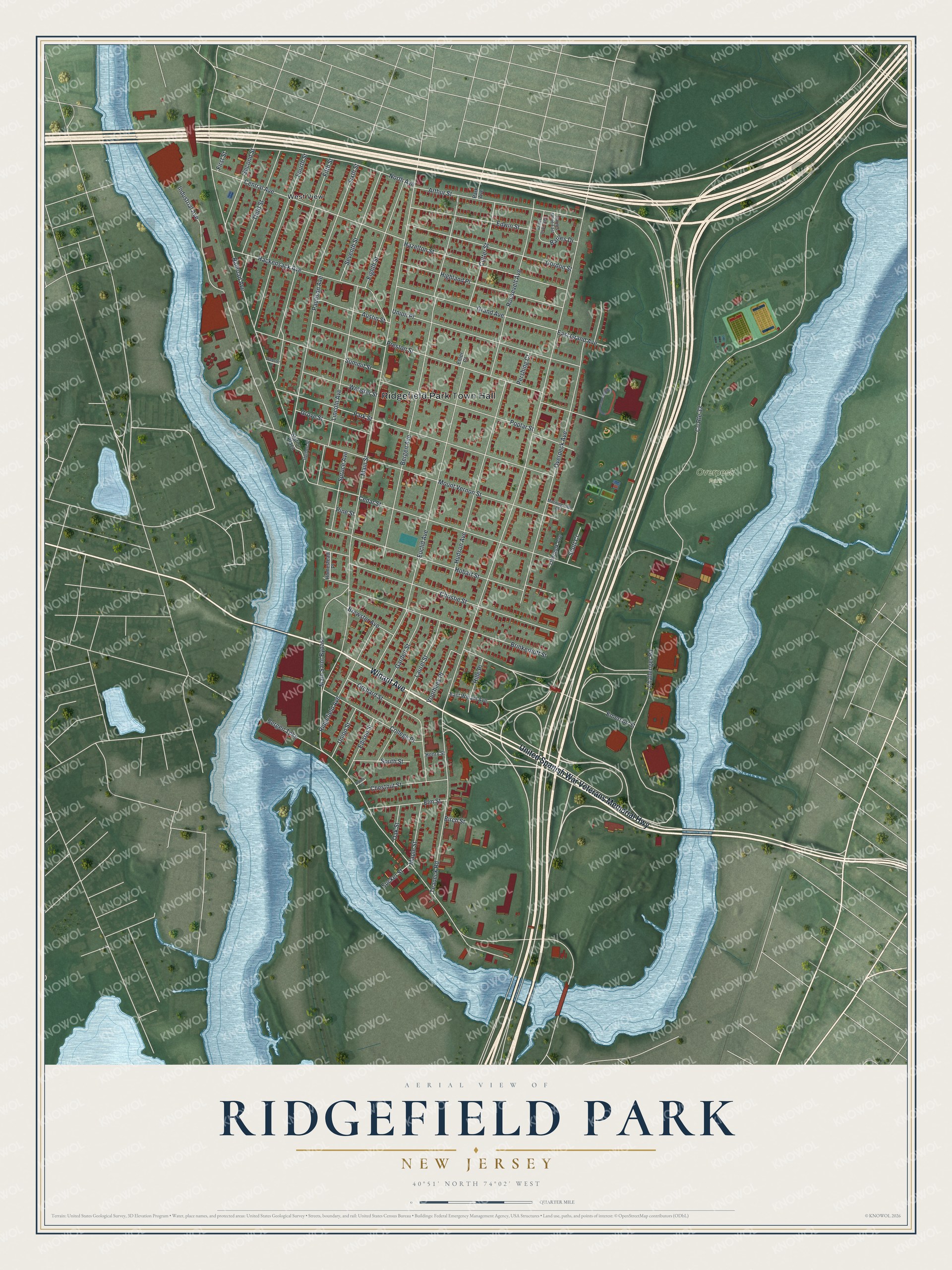 Detailed map of Ridgefield Park, New Jersey, showing streets, buildings, and parks