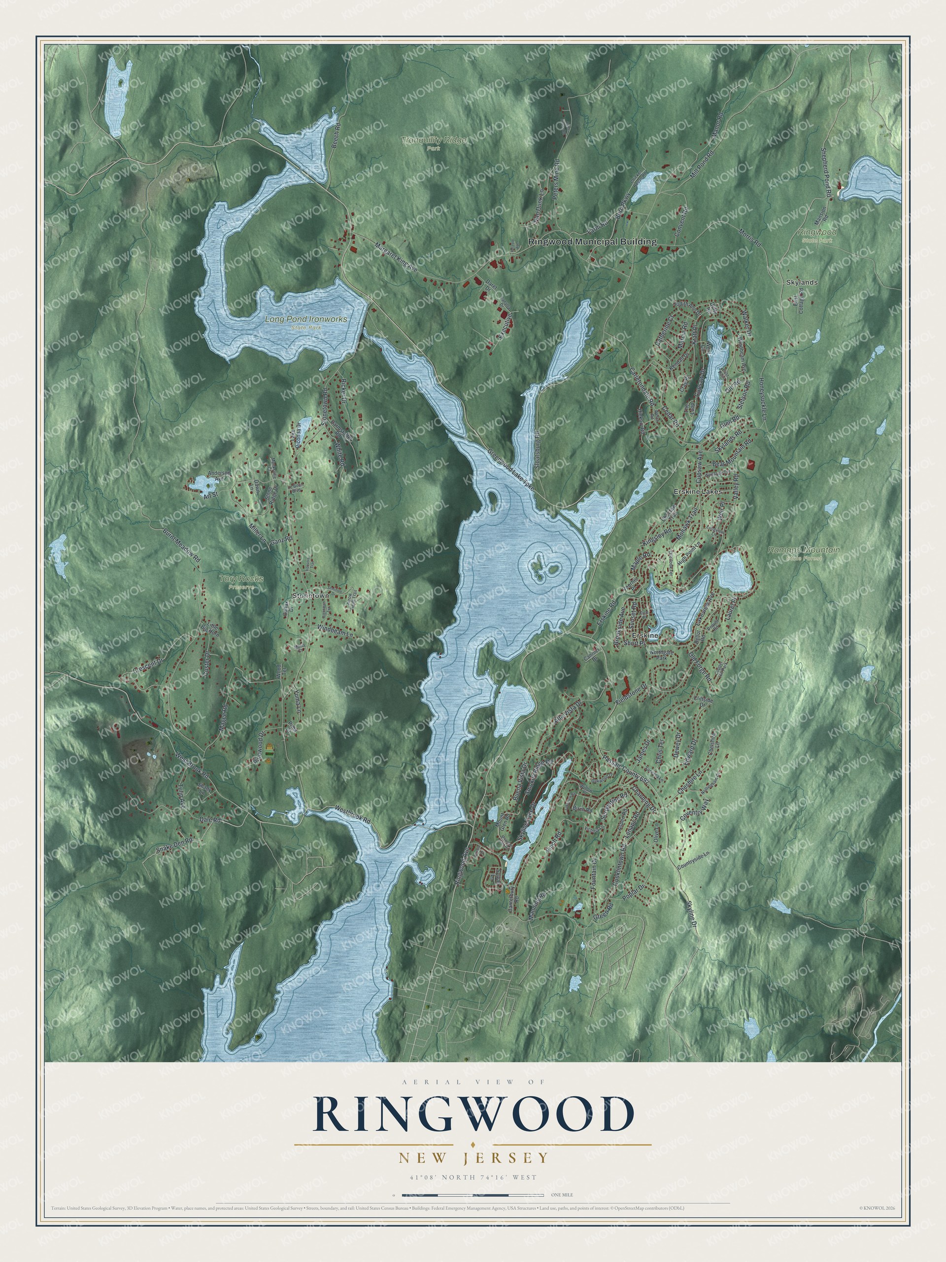 Detailed map of Ringwood, New Jersey, showing streets, buildings, neighborhoods, and parks