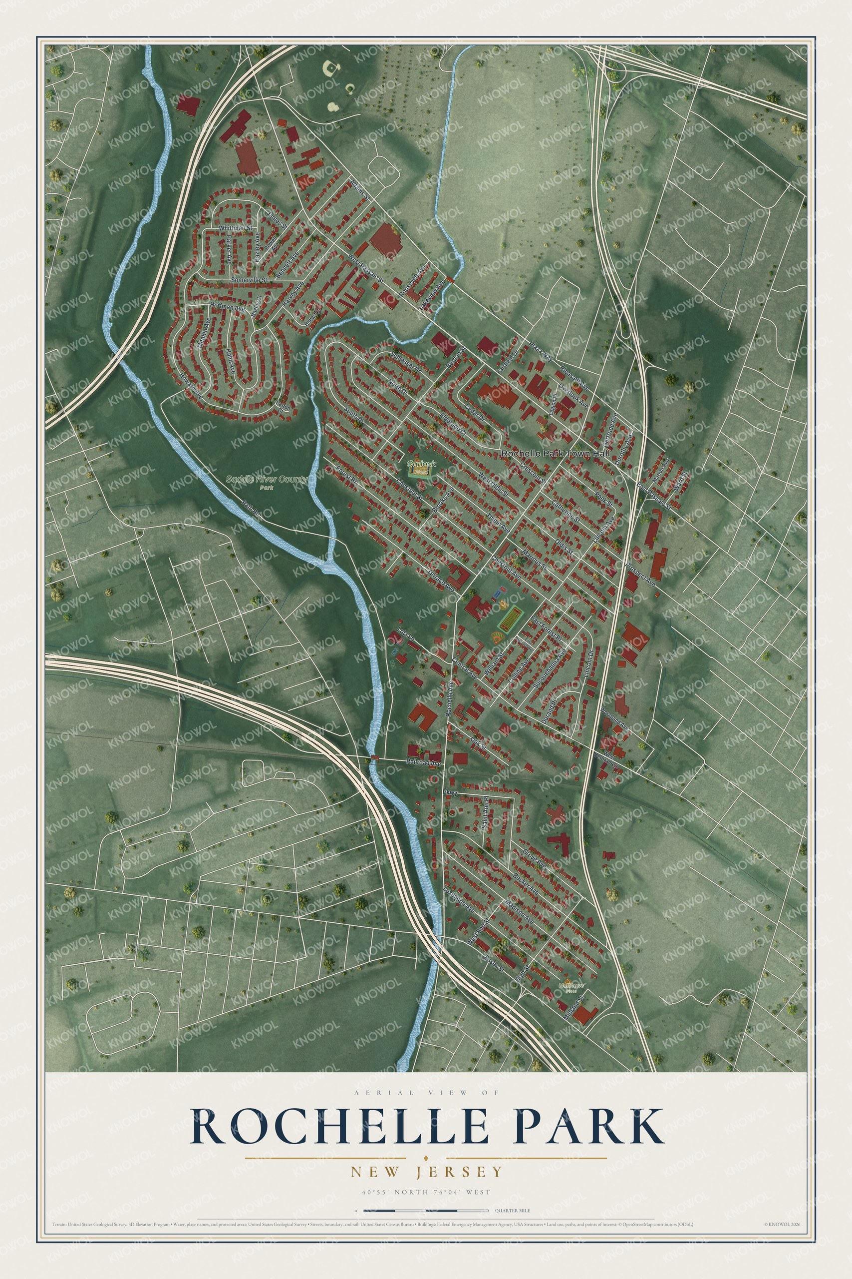 Detailed map of Rochelle Park, New Jersey, showing streets, buildings, and parks