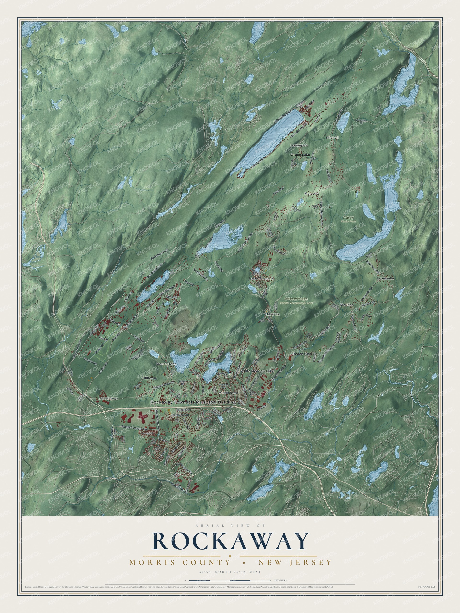 Detailed map of Rockaway, Morris County, New Jersey, showing streets, buildings, neighborhoods, and parks