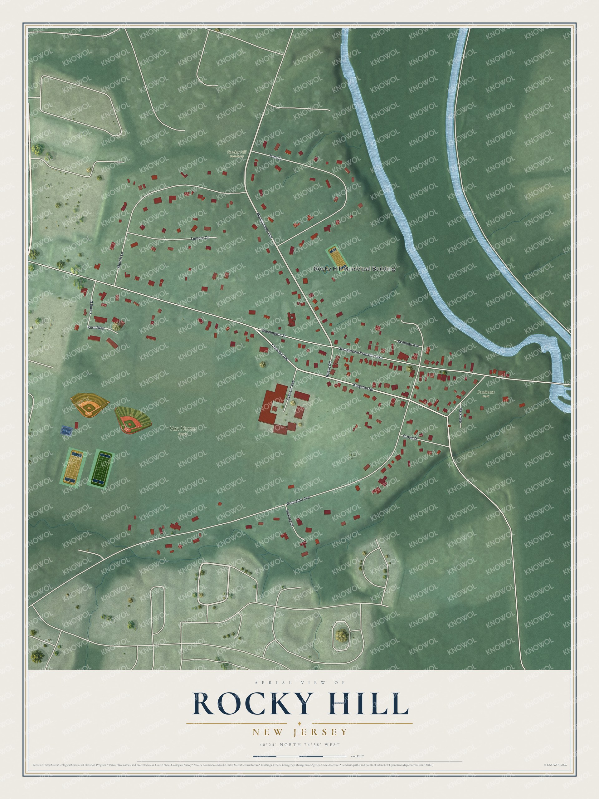 Detailed map of Rocky Hill, New Jersey, showing streets, buildings, and parks
