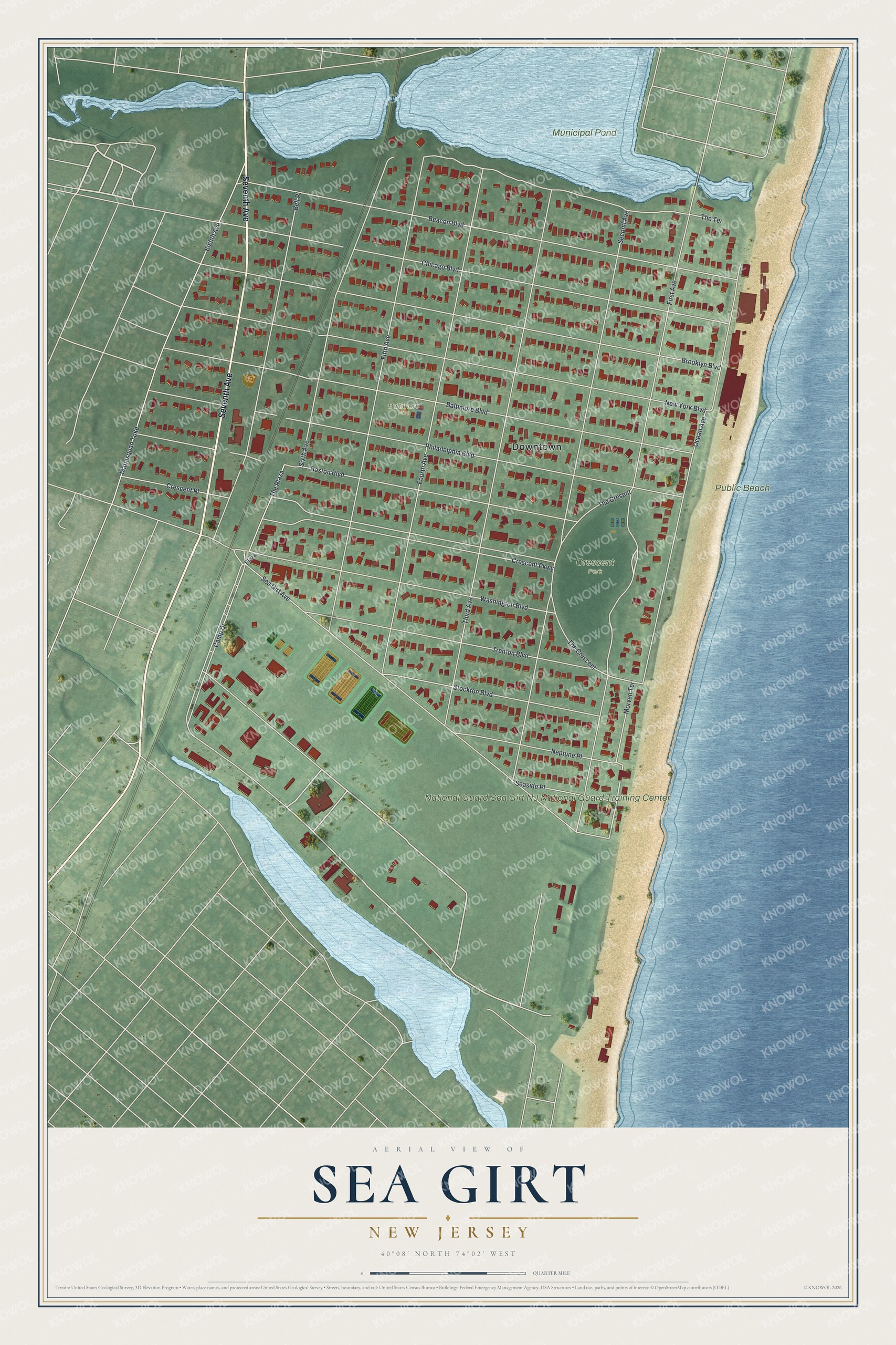 Detailed map of Sea Girt, New Jersey, showing streets, buildings, beaches, and parks