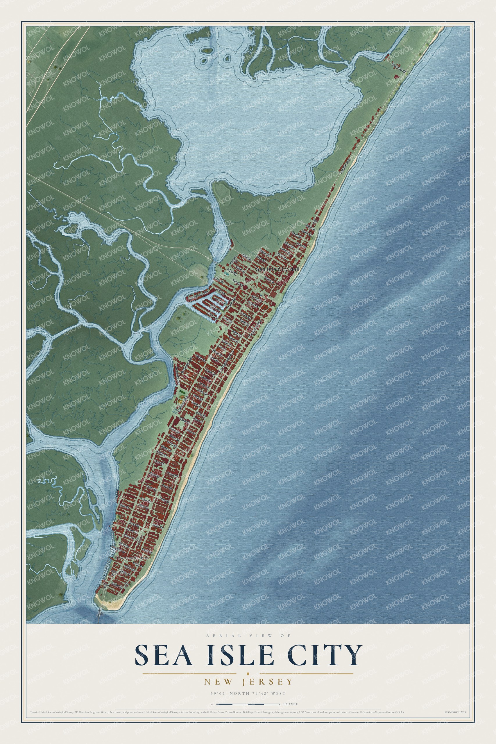 Detailed map of Sea Isle City, New Jersey, showing streets, buildings, and beaches