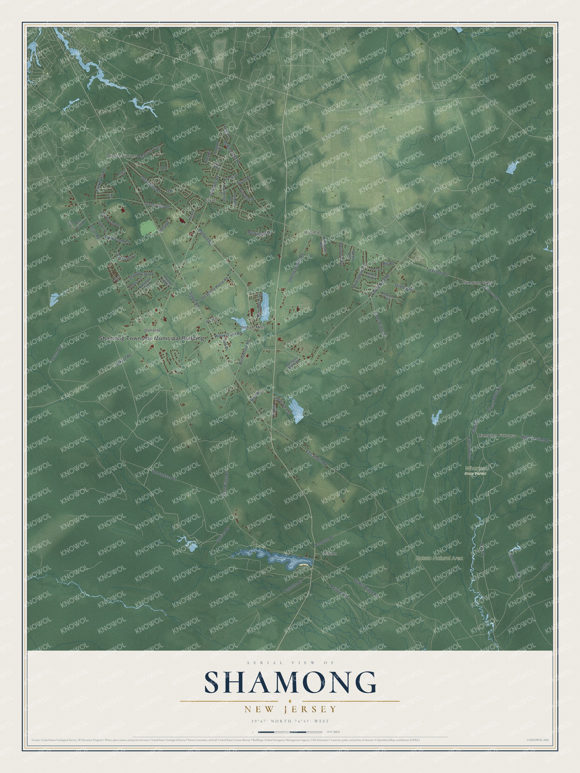 Detailed map of Shamong, New Jersey, showing streets, buildings, neighborhoods, and parks